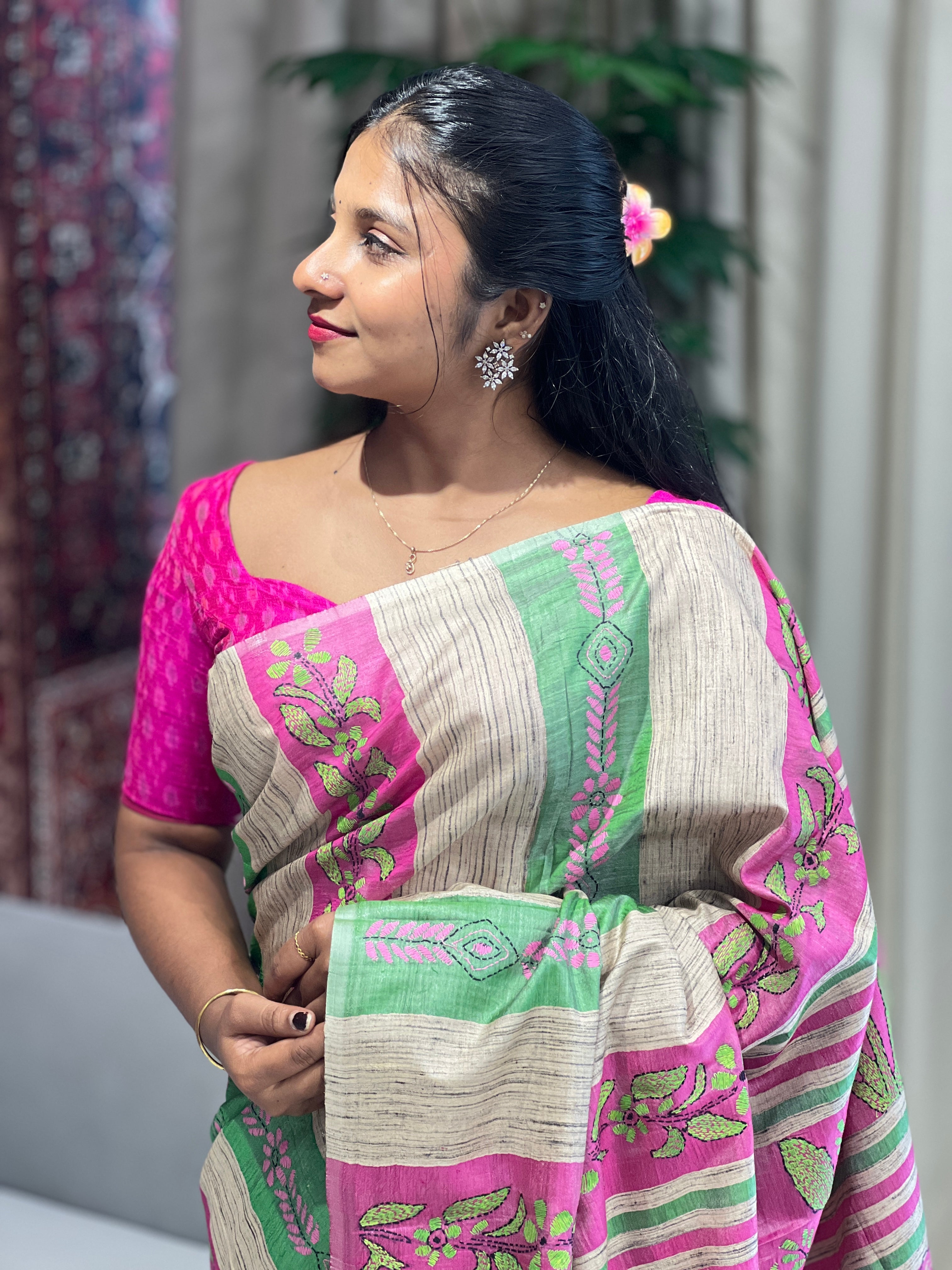 Hand Kantha Embroidered Pure Tussar Saree | AYD144
