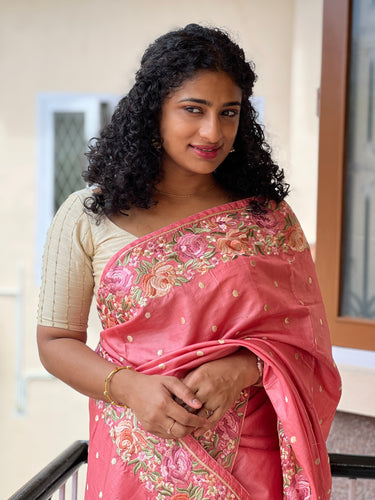Machine Embroidery Floral Pattern Pure Tussar Saree | SBS641