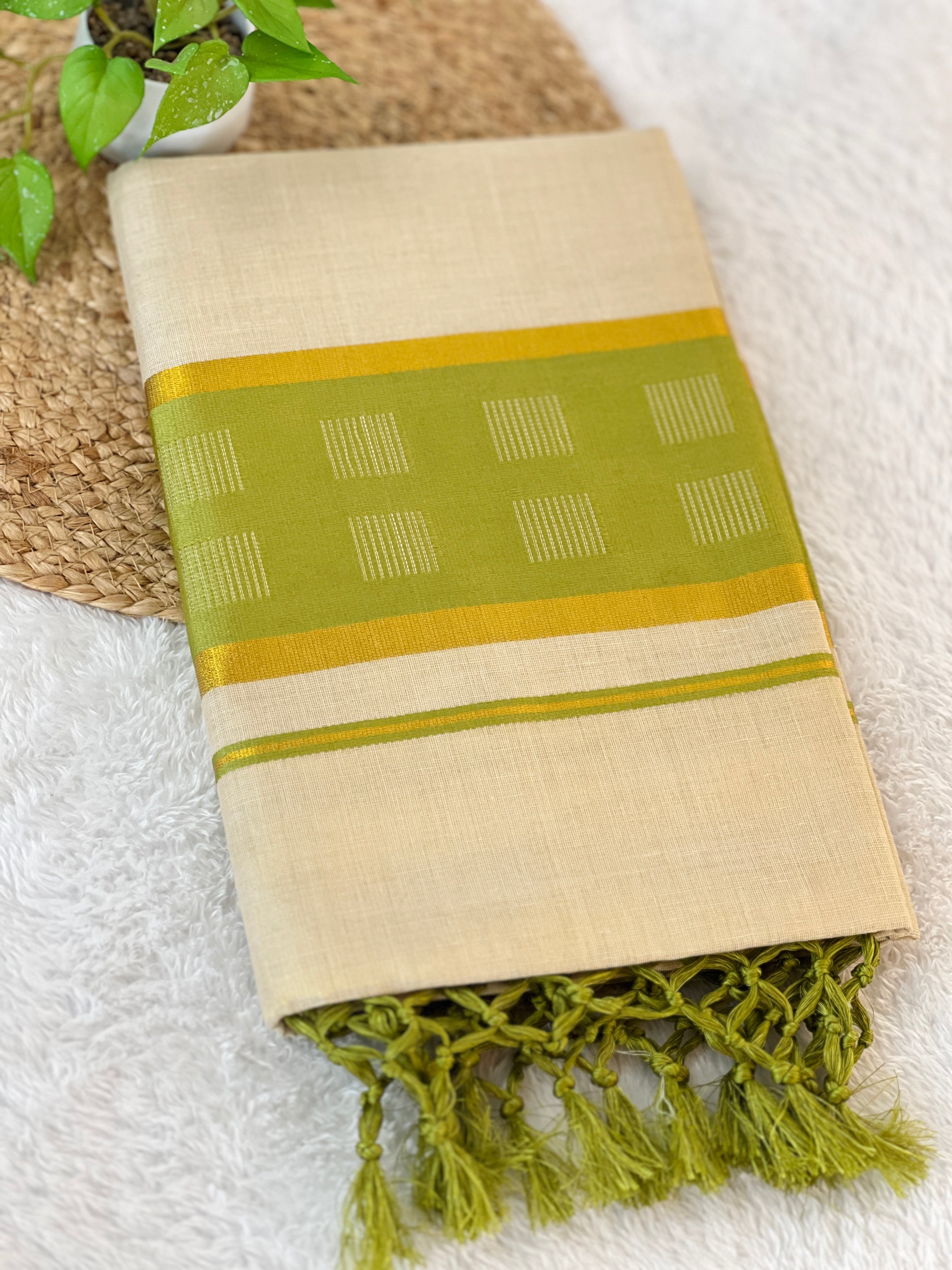 Kasavu With Kara Weaving Patterned Tissue Saree | GAT348