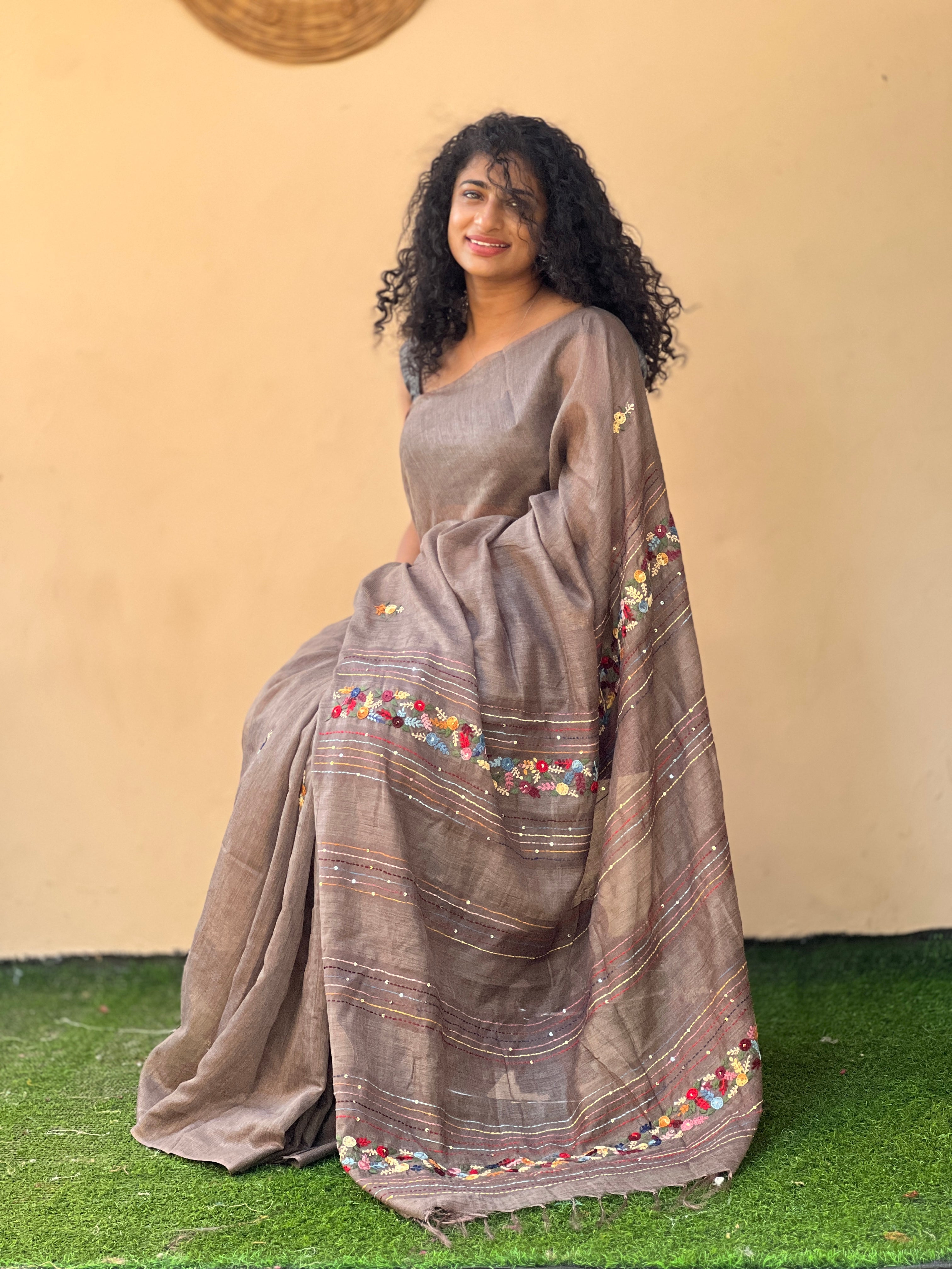 Hand Embroidered Bhagalpuri Linen Saree | BLD159