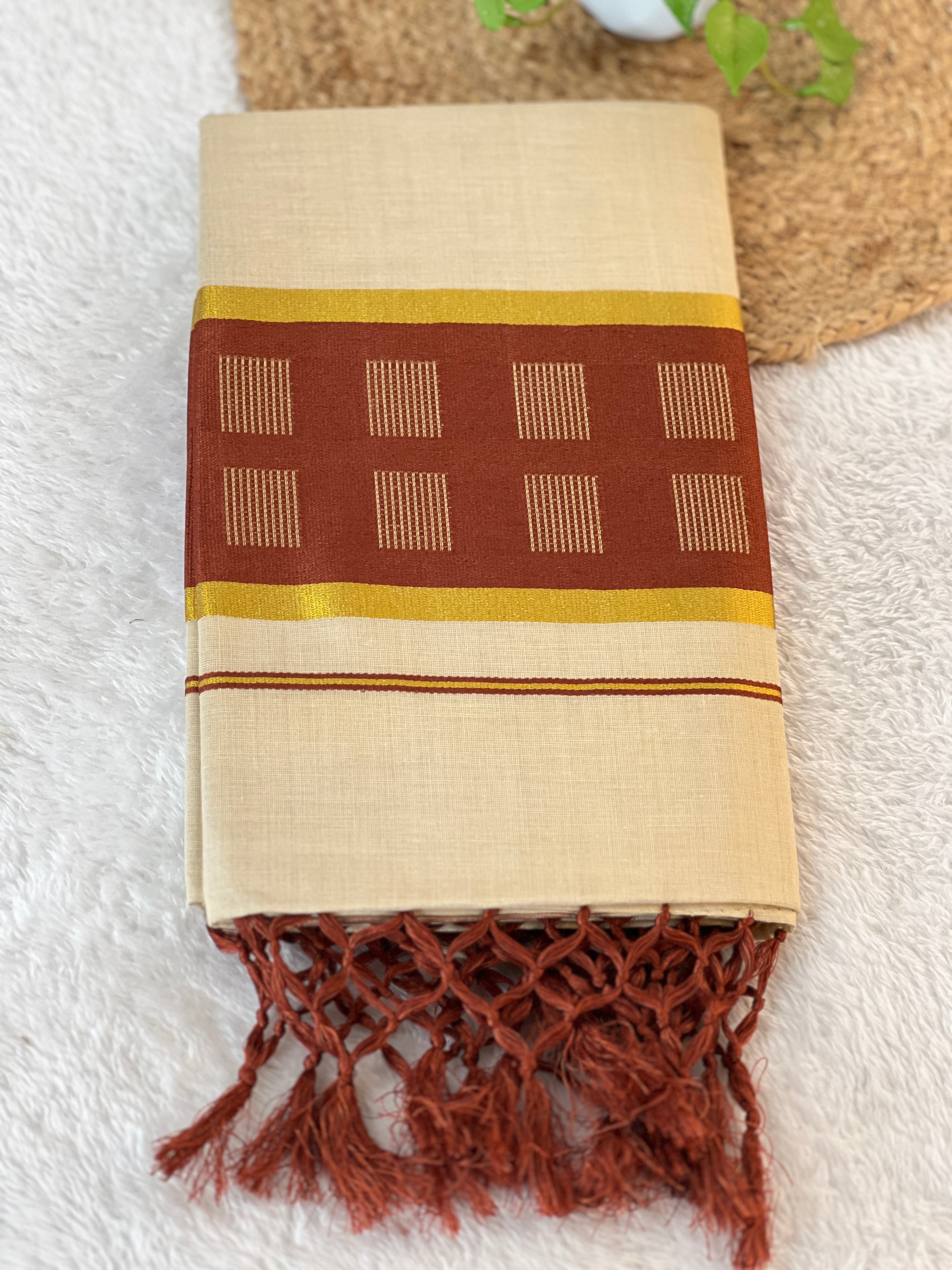 Kasavu With Kara Weaving Patterned Tissue Saree | GAT343