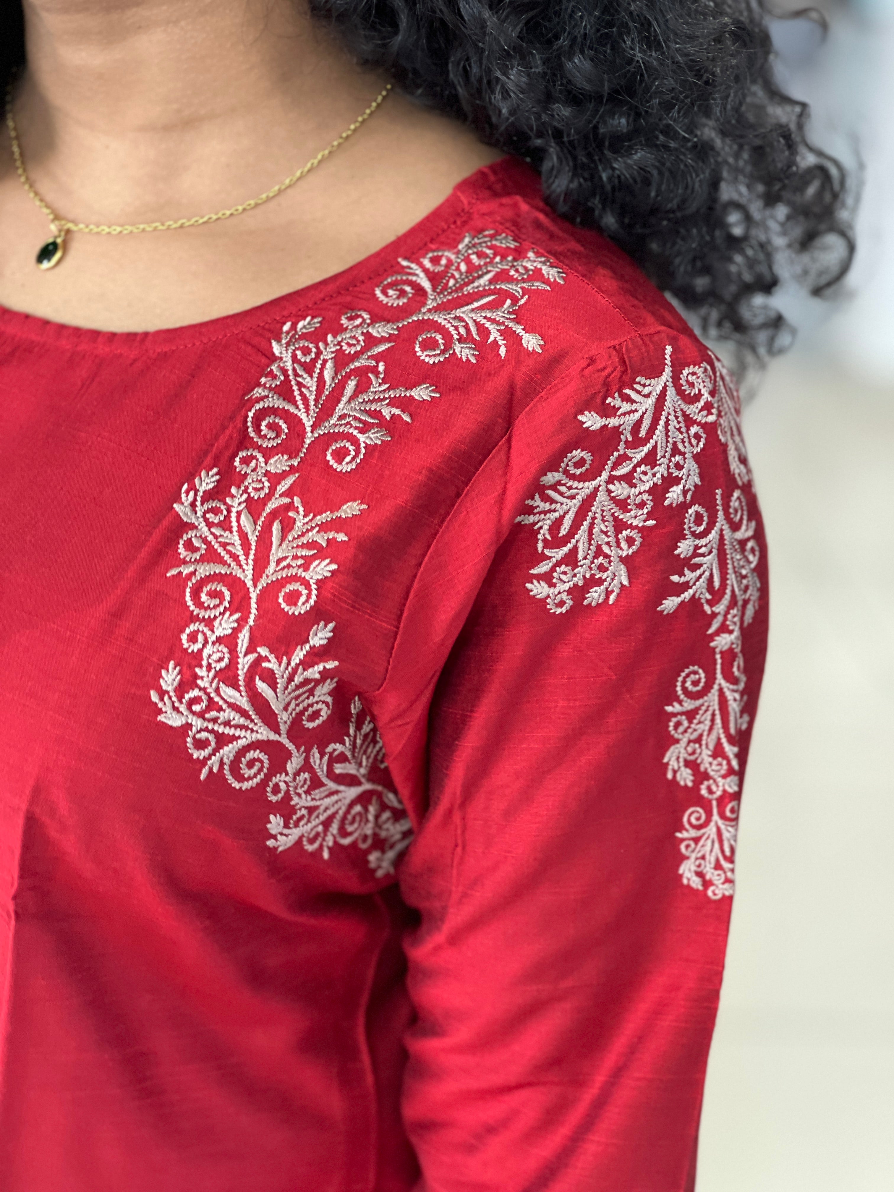 Floral Embroidery Slub Silk Kurta | RGA282