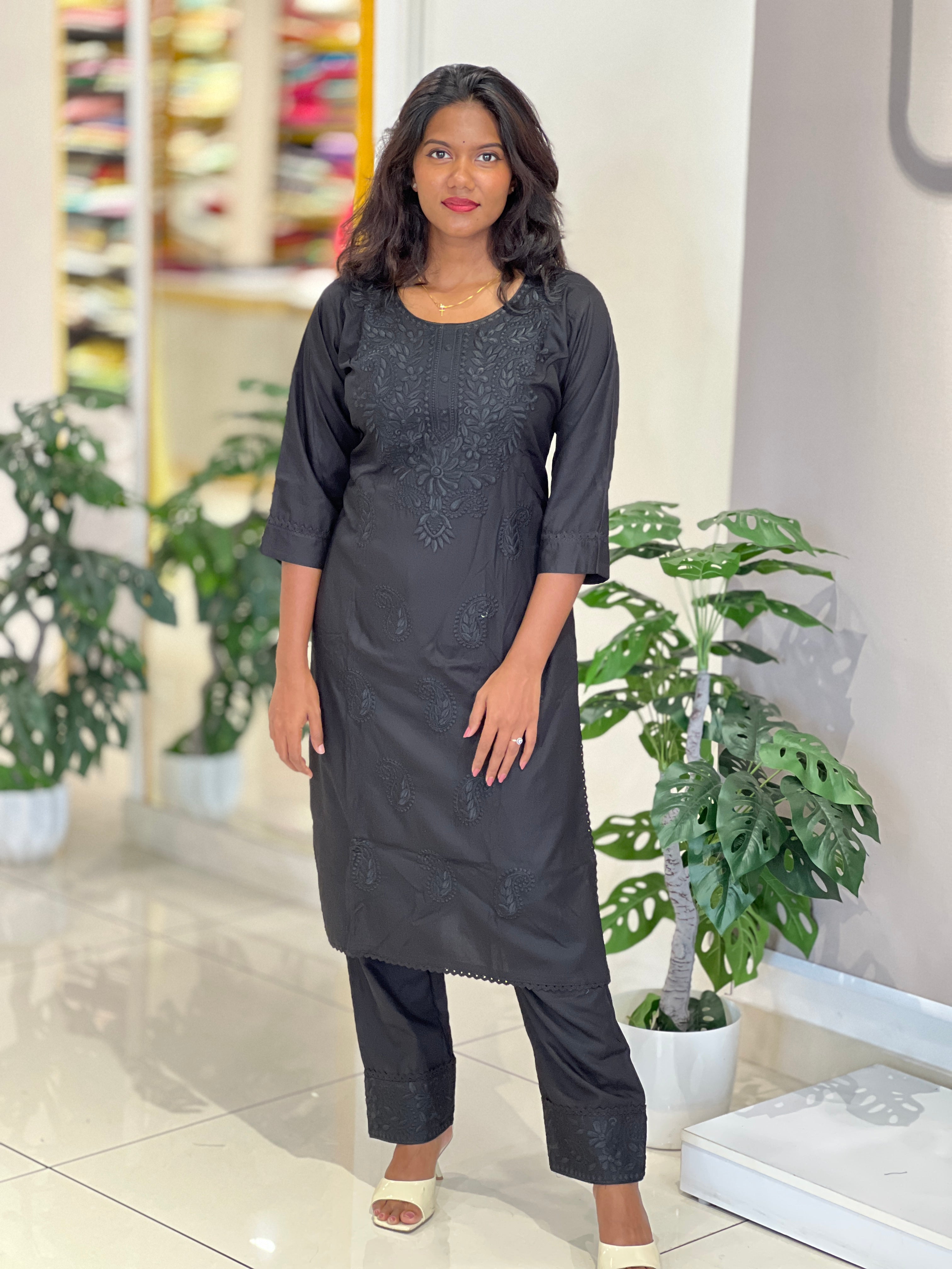 Computerized Lucknowi Embroidery Detailed Cotton Kurta Set | YV130