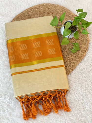 Kasavu With Kara Weaving Patterned Tissue Saree | GAT349
