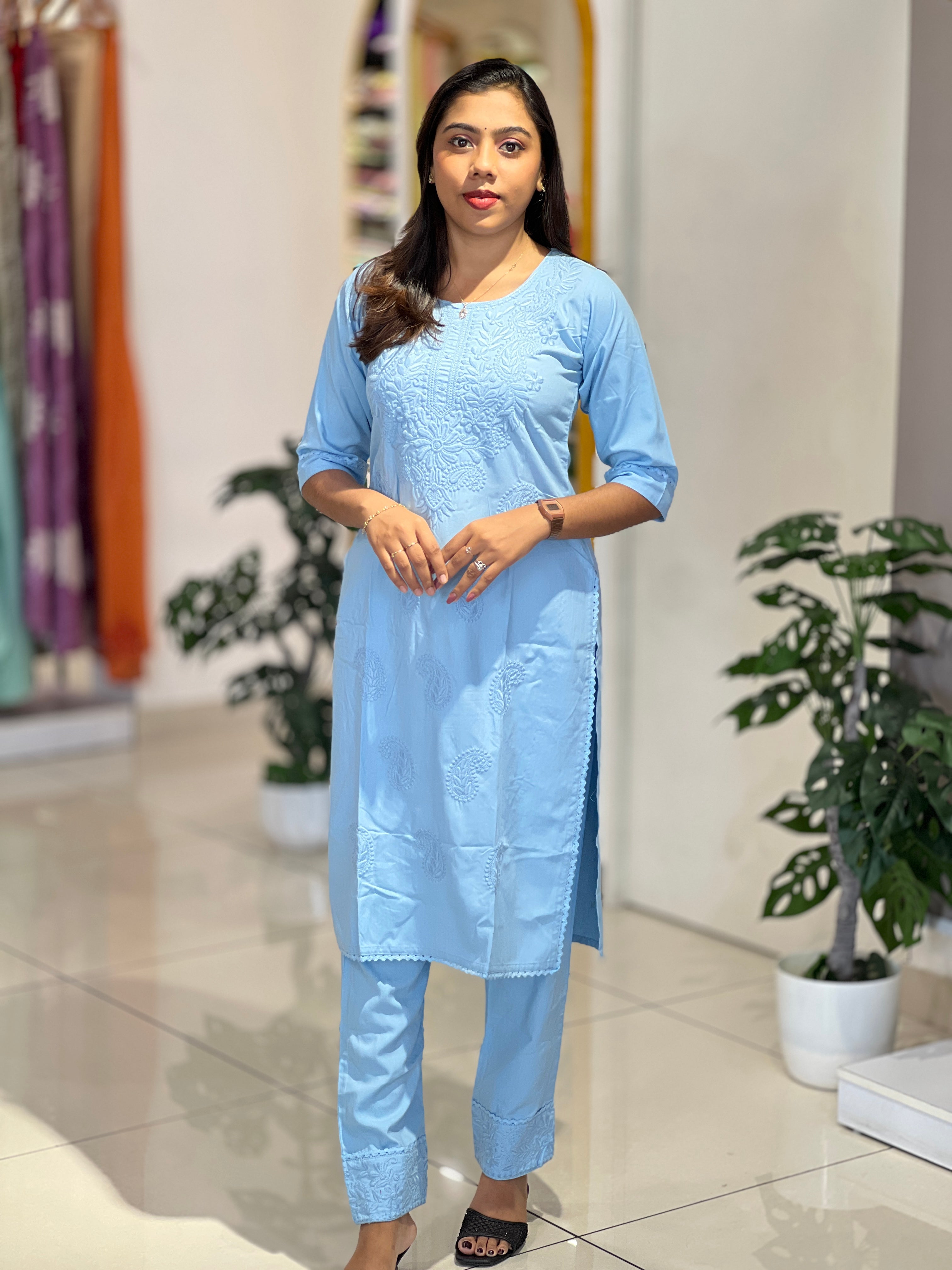 Computerized Lucknowi Embroidery Detailed Cotton Kurta Set | YV128