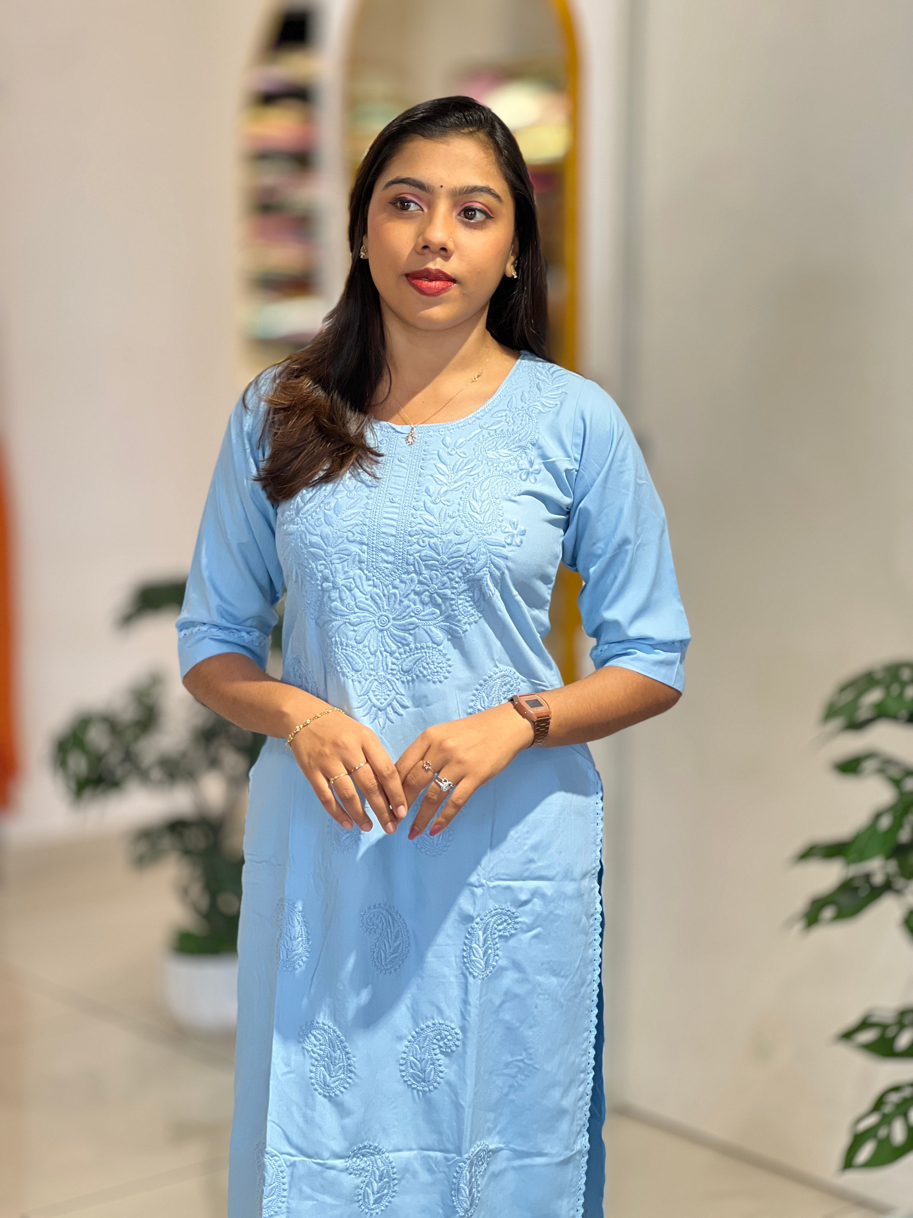 Computerized Lucknowi Embroidery Detailed Cotton Kurta Set | YV128