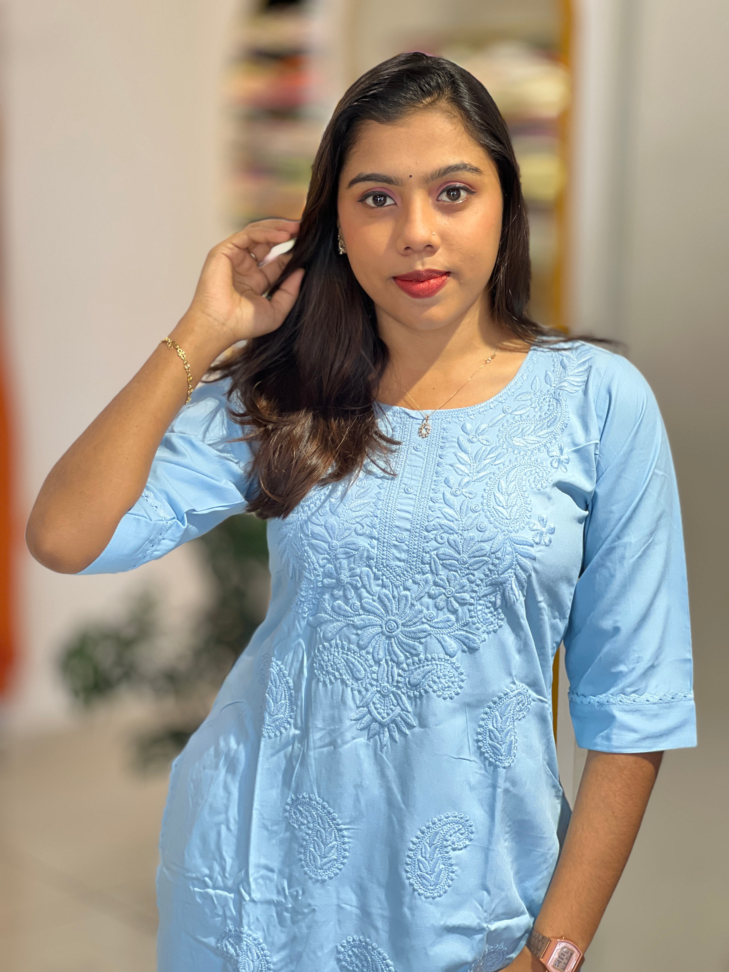 Computerized Lucknowi Embroidery Detailed Cotton Kurta Set | YV128
