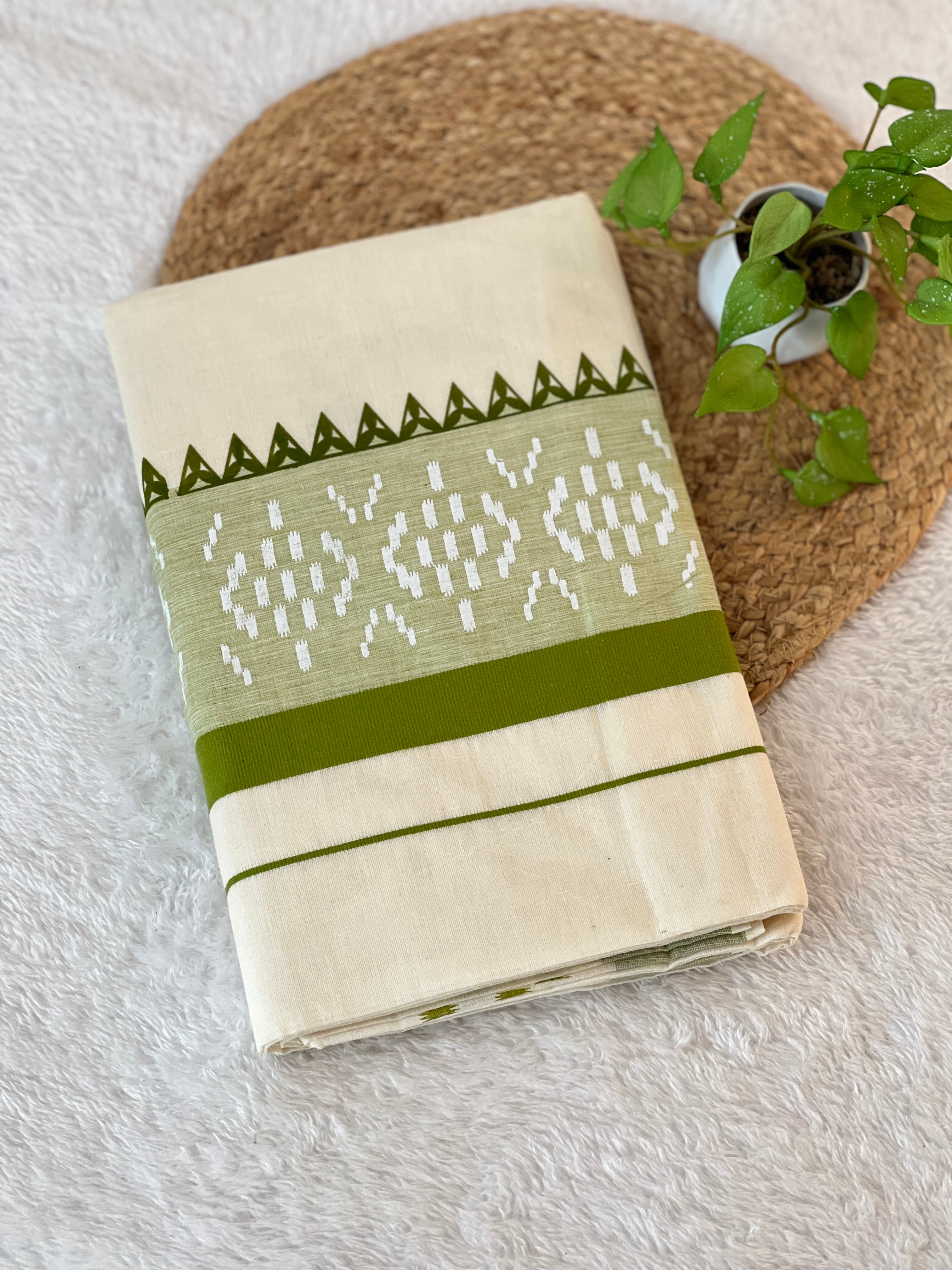 Block Print With Kara Border Detailed Kerala Cotton Saree | GAT326