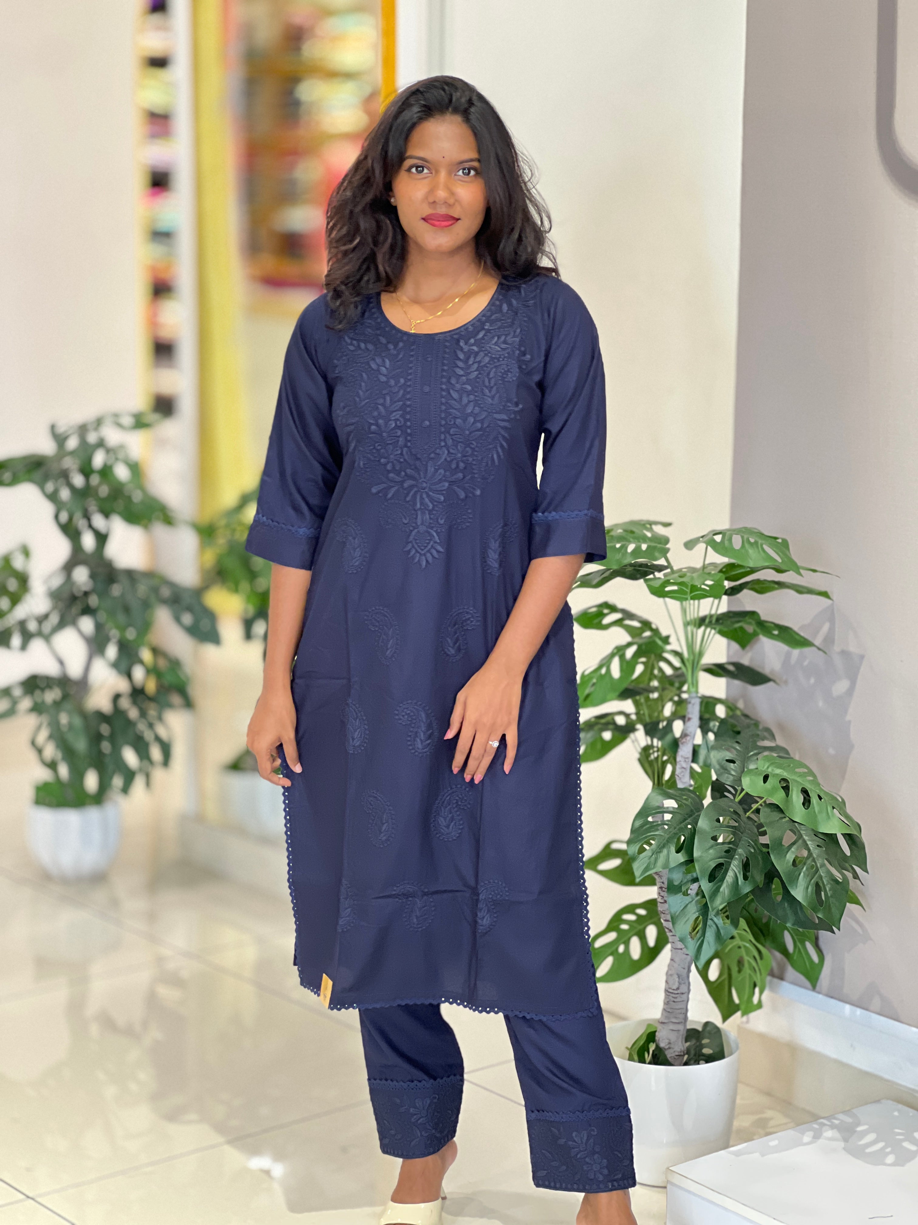 Computerized Lucknowi Embroidery Detailed Cotton Kurta Set | YV131