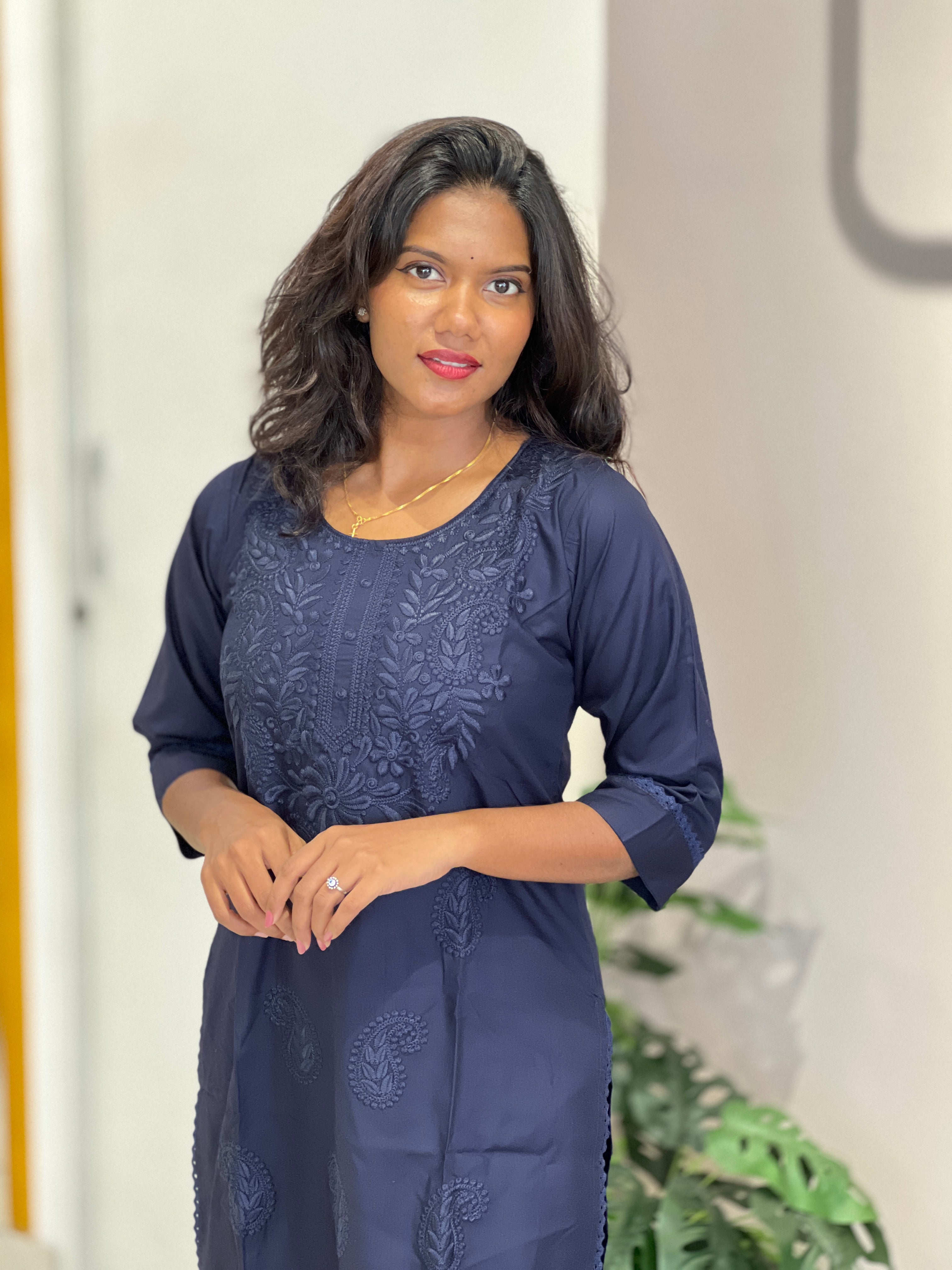Computerized Lucknowi Embroidery Detailed Cotton Kurta Set | YV131