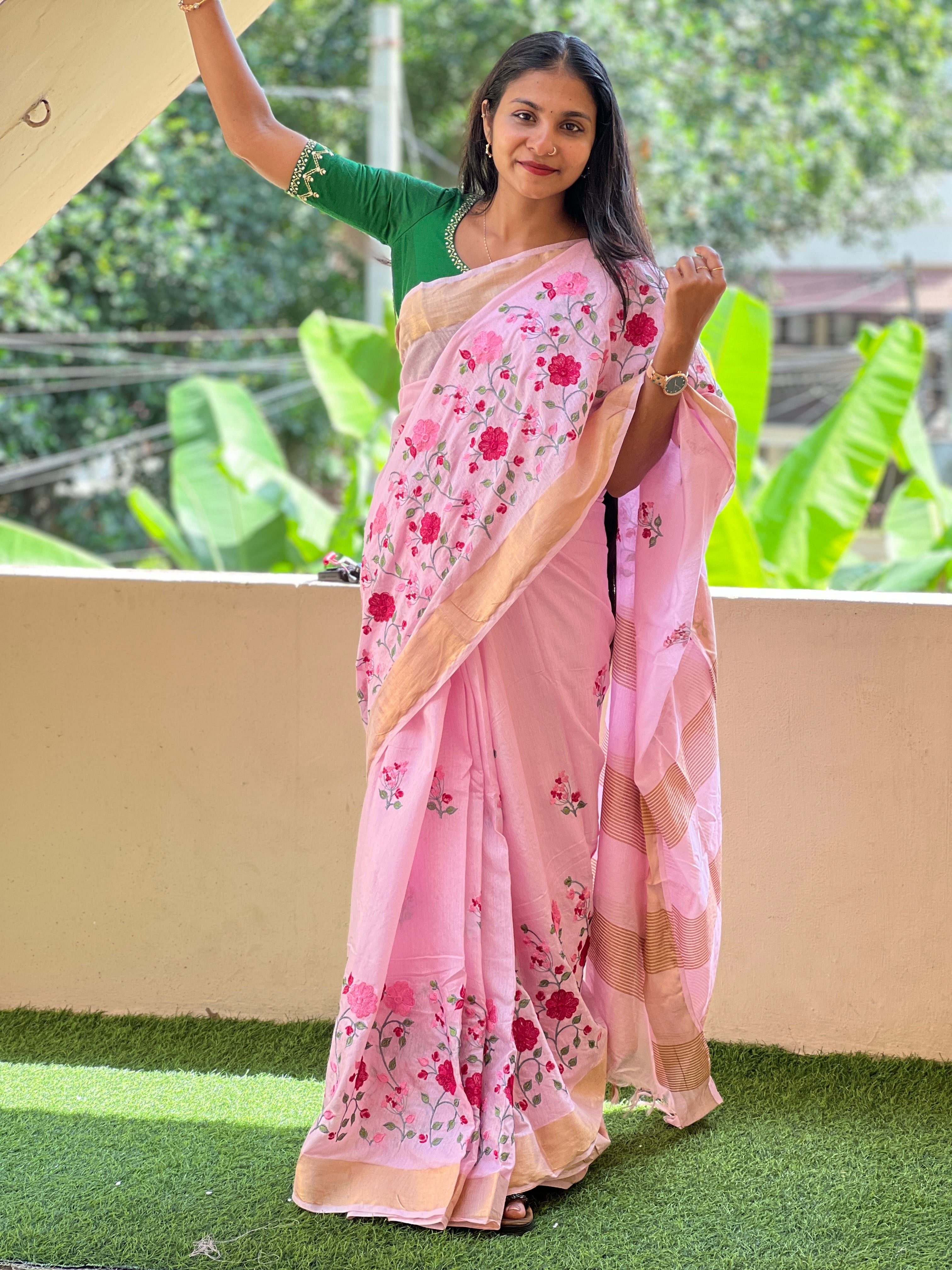 Floral Embroidery Bhagalpuri Linen Saree | NHH314