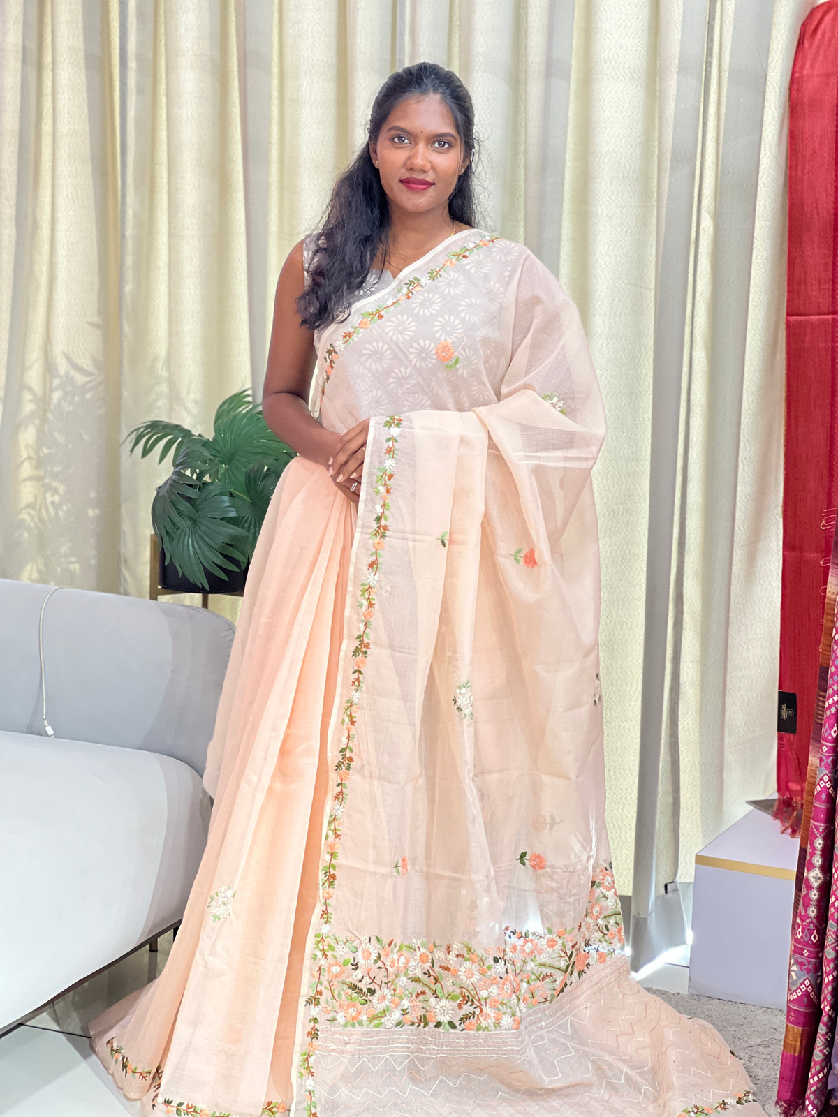 Hand Embroidered Muga Check Organza Saree | JSC754