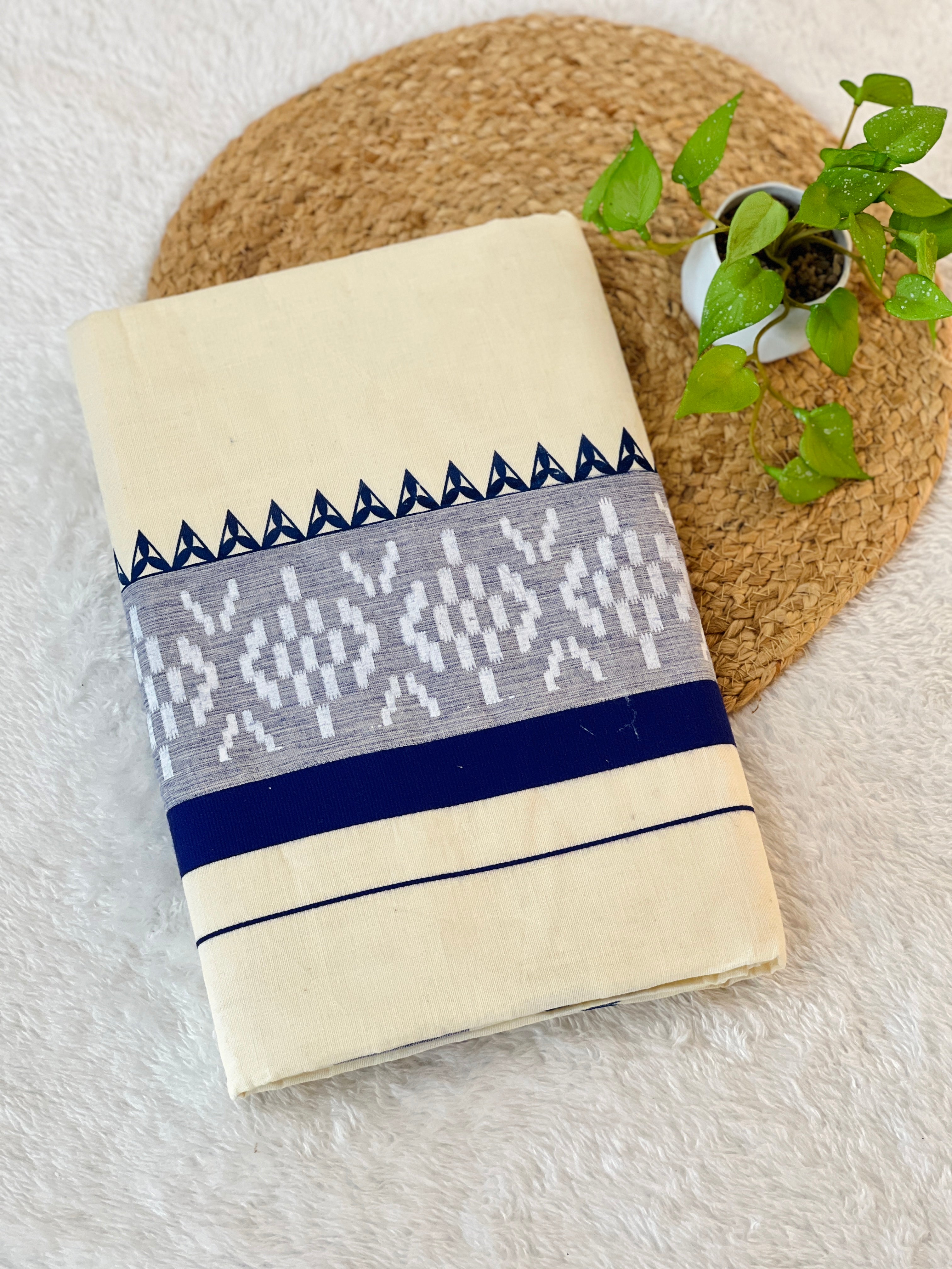 Block Print With Kara Border Detailed Kerala Cotton Saree | GAT328
