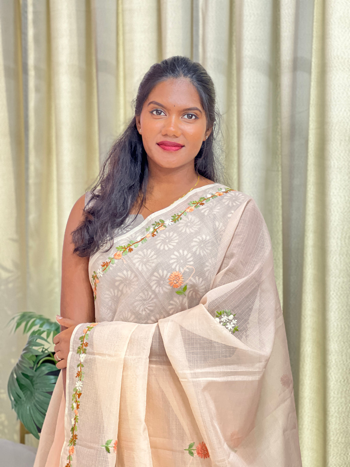 Hand Embroidered Muga Check Organza Saree | JSC754