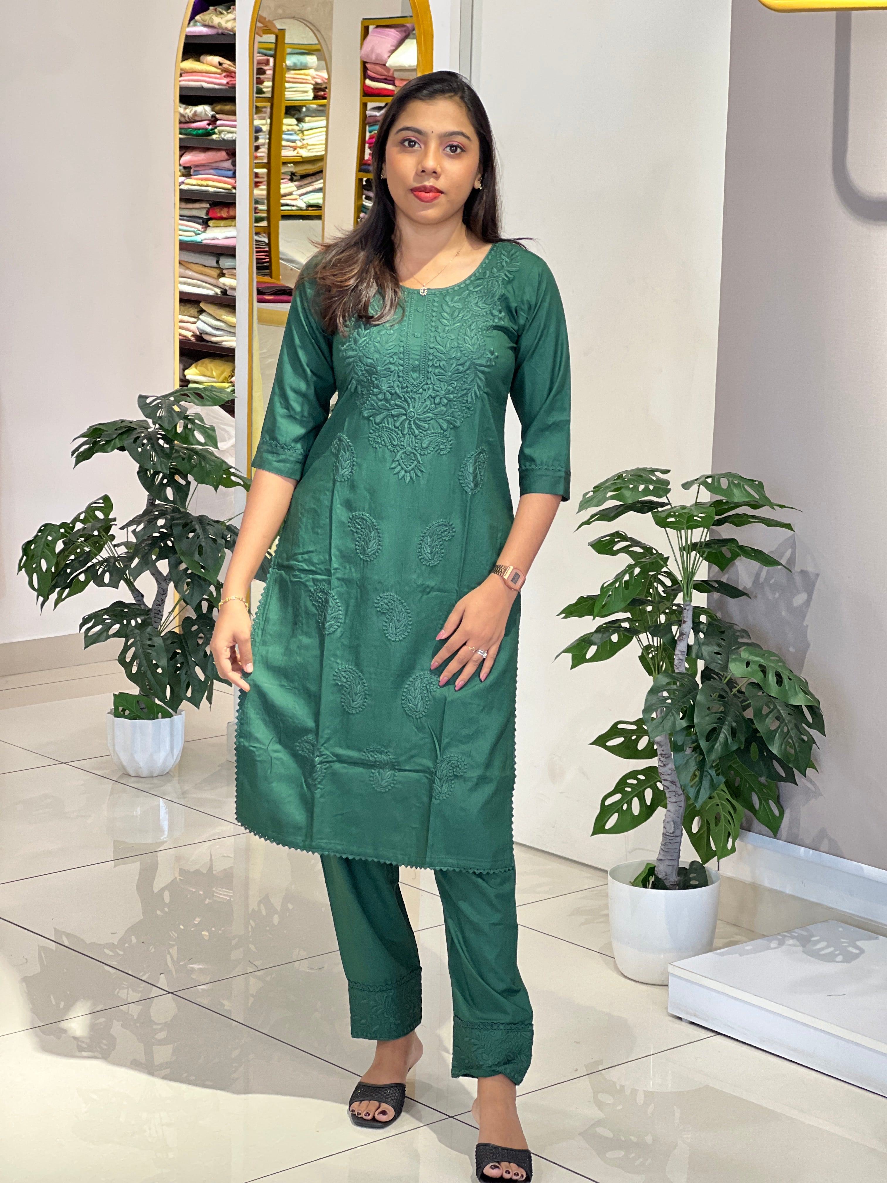 Computerized Lucknowi Embroidery Detailed Cotton Kurta Set | YV129