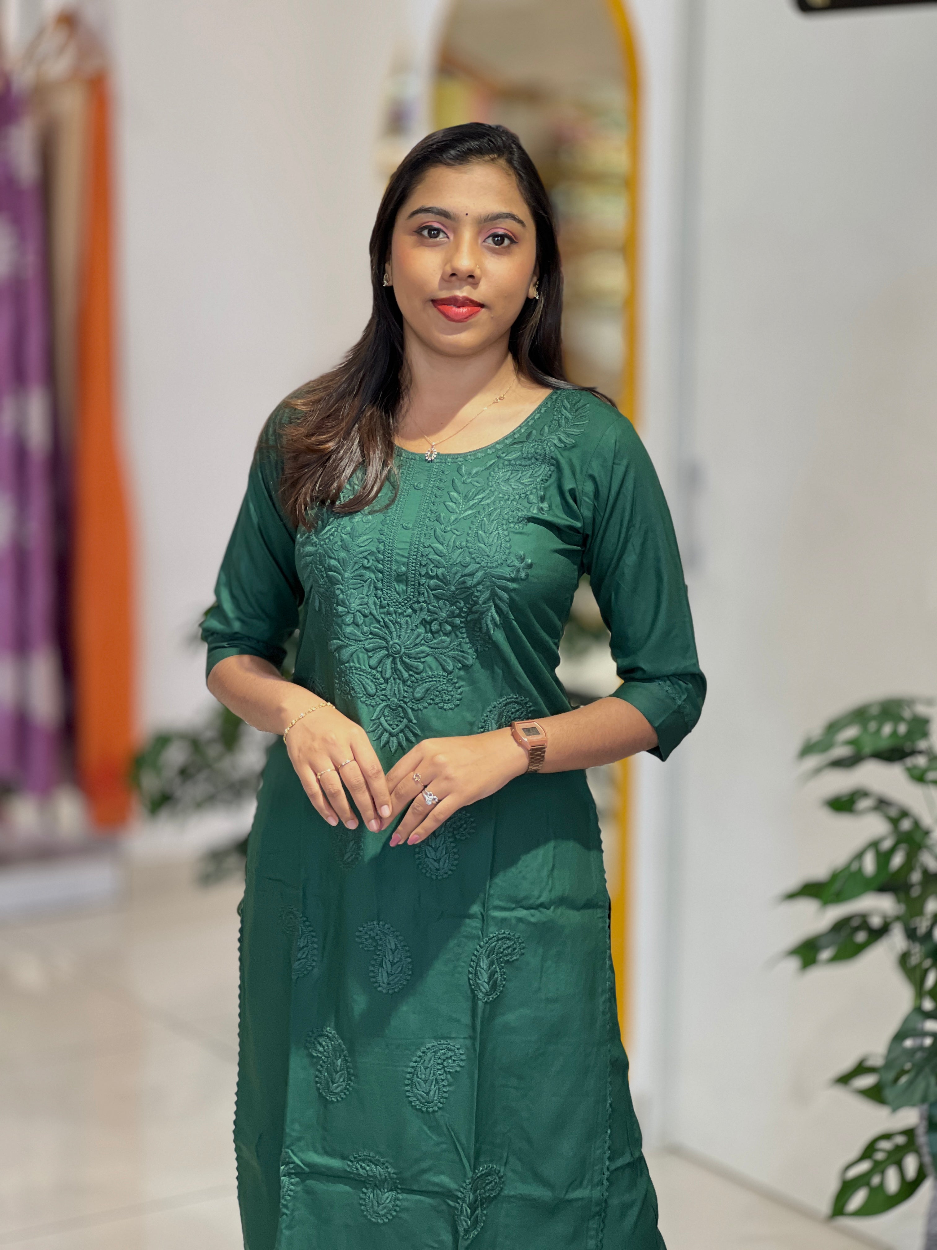Computerized Lucknowi Embroidery Detailed Cotton Kurta Set | YV129