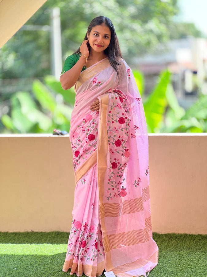 Floral Embroidery Bhagalpuri Linen Saree | NHH314