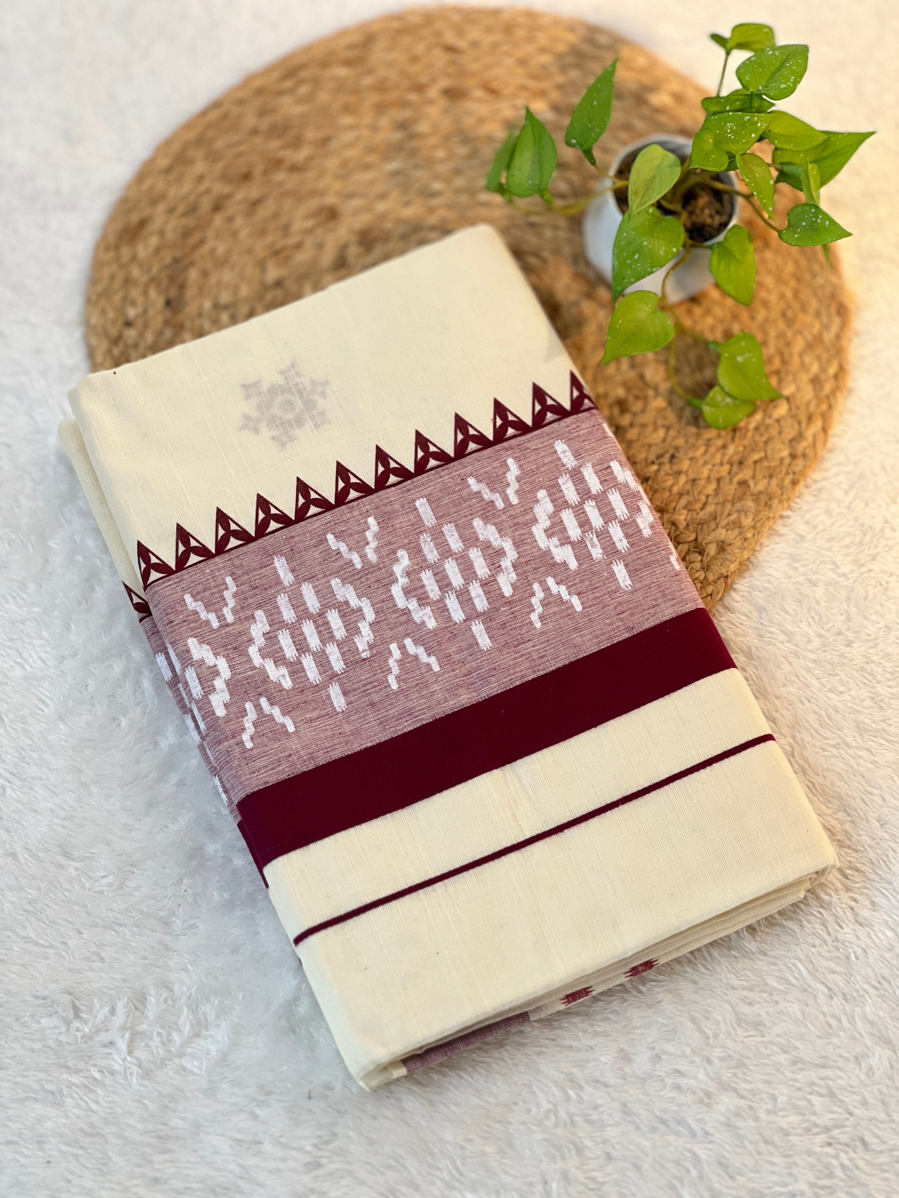 Block Print With Kara Border Detailed Kerala Cotton Saree | GAT330