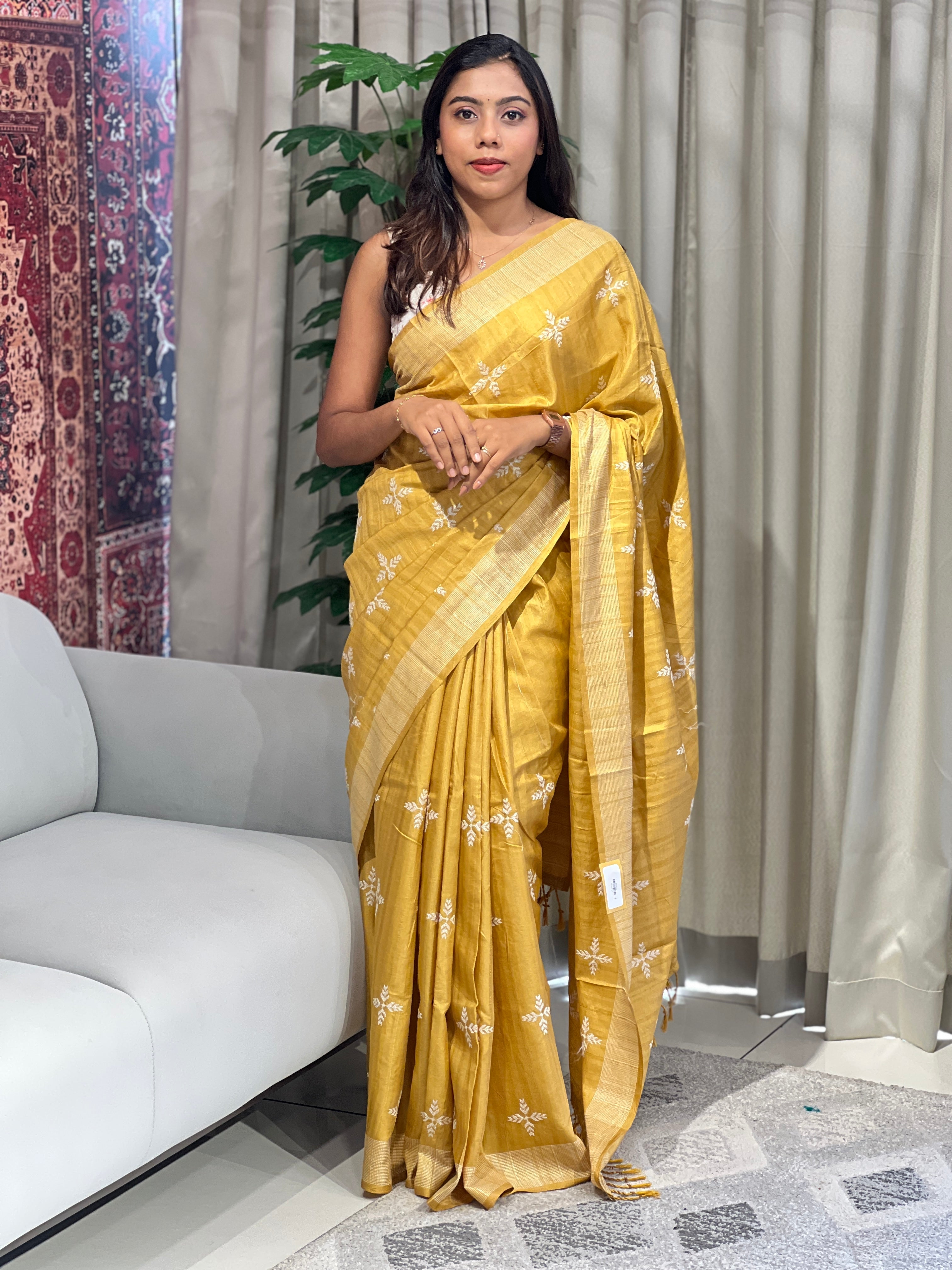 Leaf Patterned Embroidery Detailed Semi Tussar Saree | SUN707