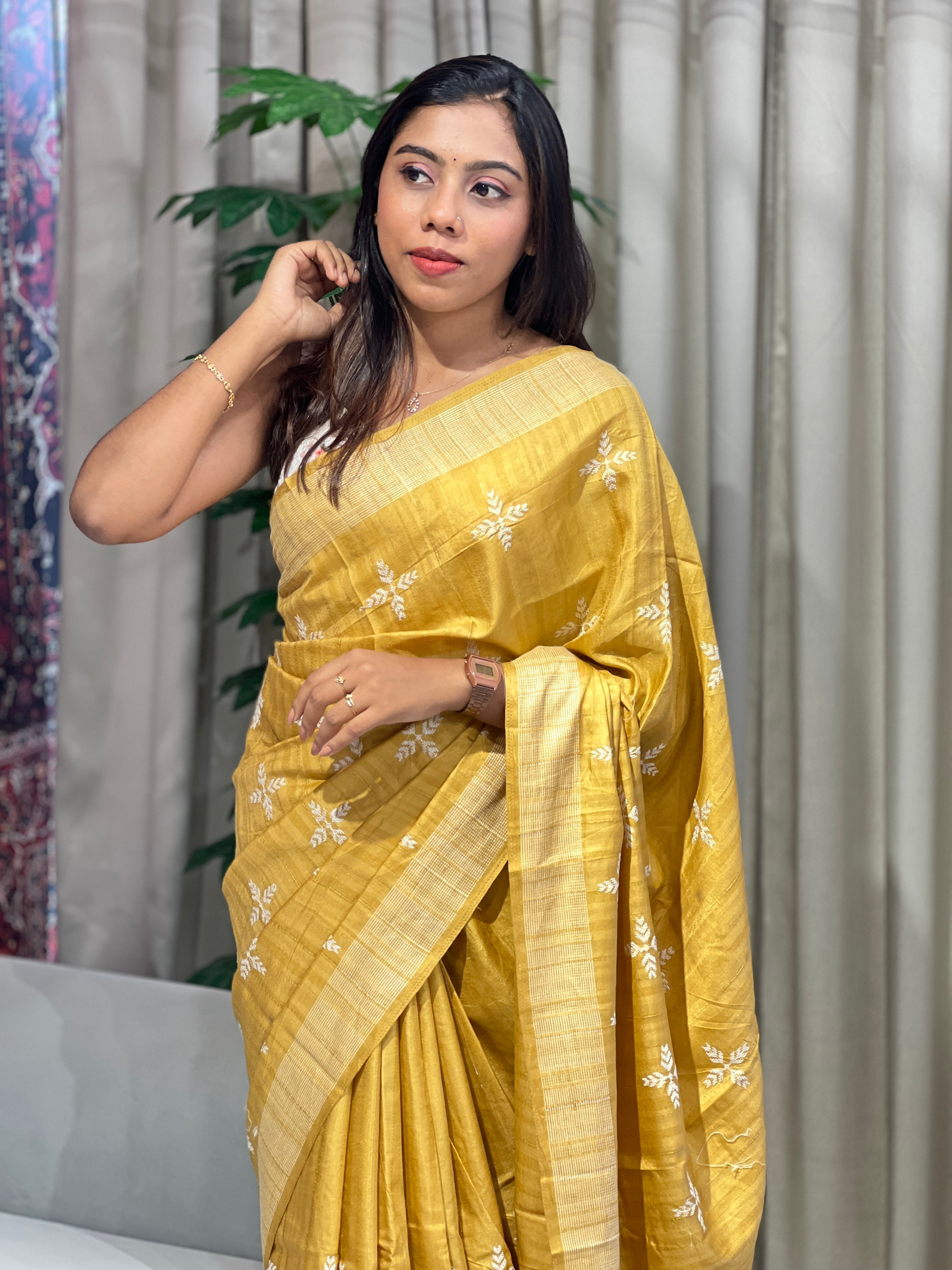 Leaf Patterned Embroidery Detailed Semi Tussar Saree | SUN707