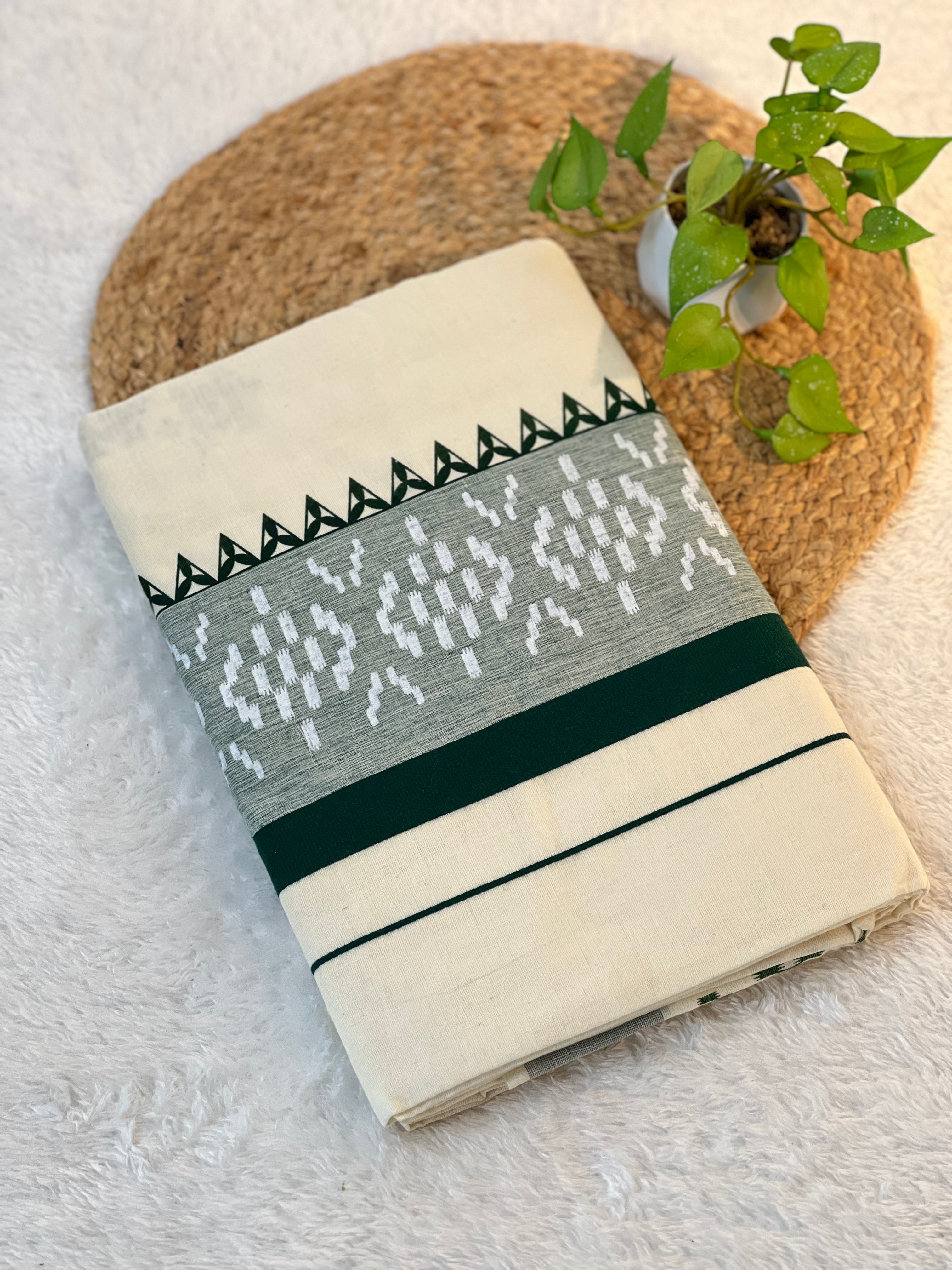 Block Print With Kara Border Detailed Kerala Cotton Saree | GAT327