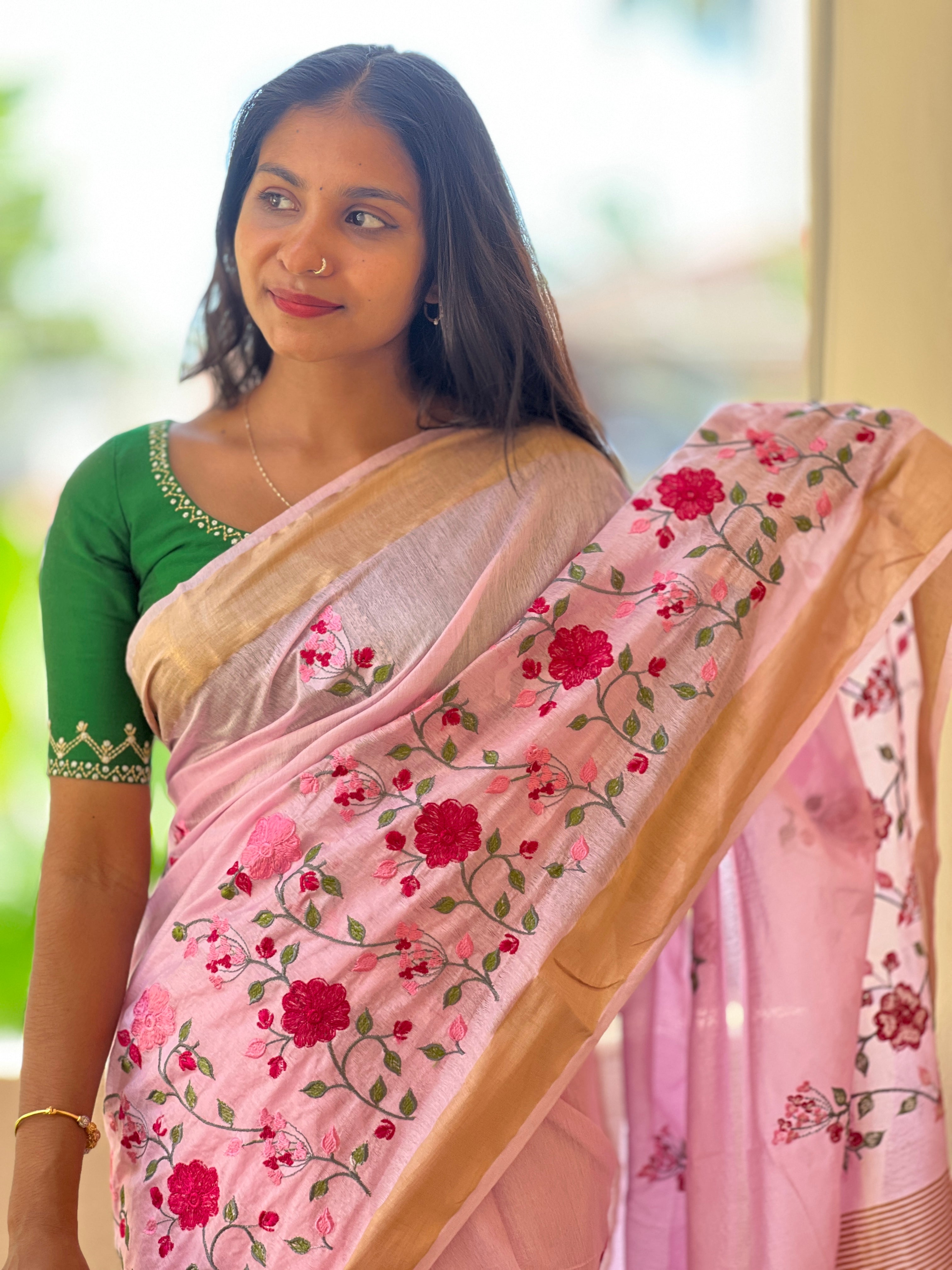 Floral Embroidery Bhagalpuri Linen Saree | NHH314