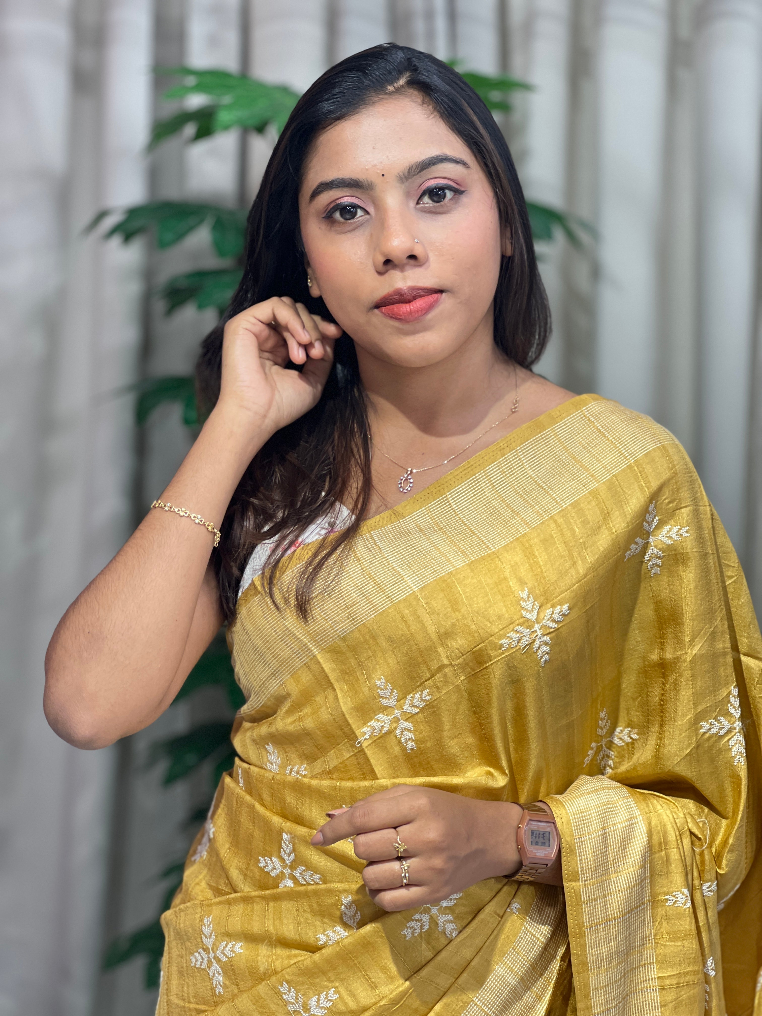 Leaf Patterned Embroidery Detailed Semi Tussar Saree | SUN707