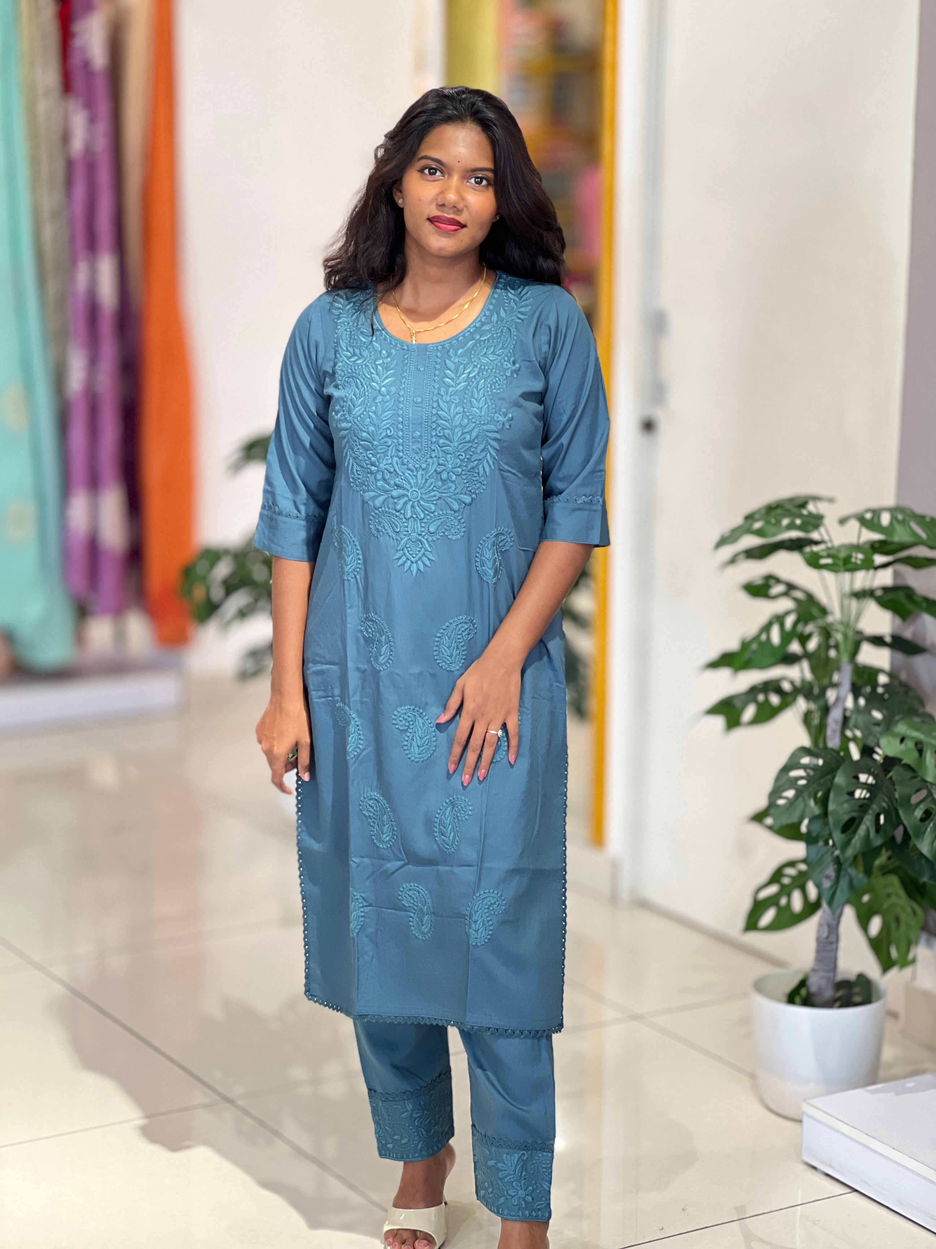 Computerized Lucknowi Embroidery Detailed Cotton Kurta Set | YV127