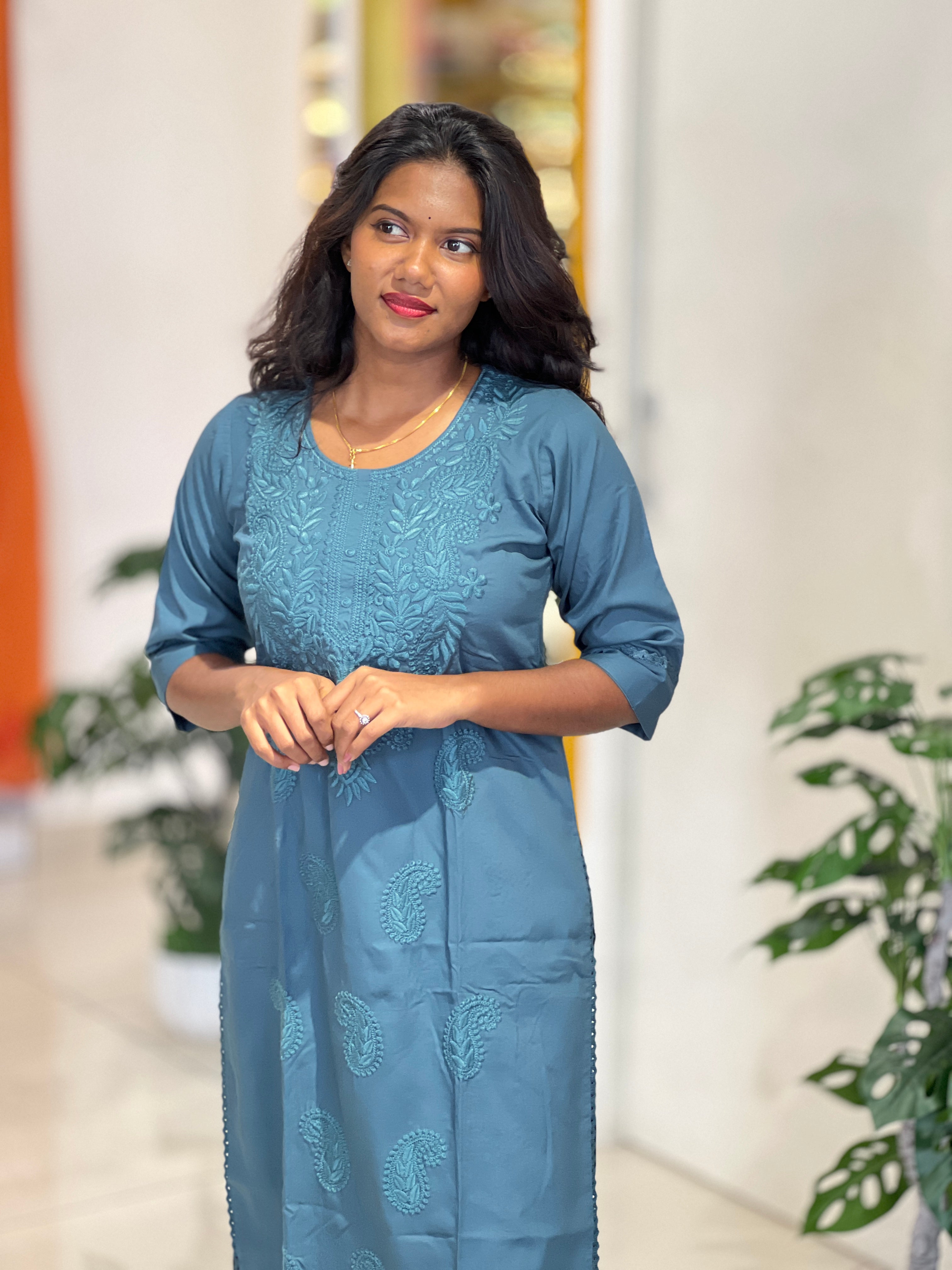 Computerized Lucknowi Embroidery Detailed Cotton Kurta Set | YV127