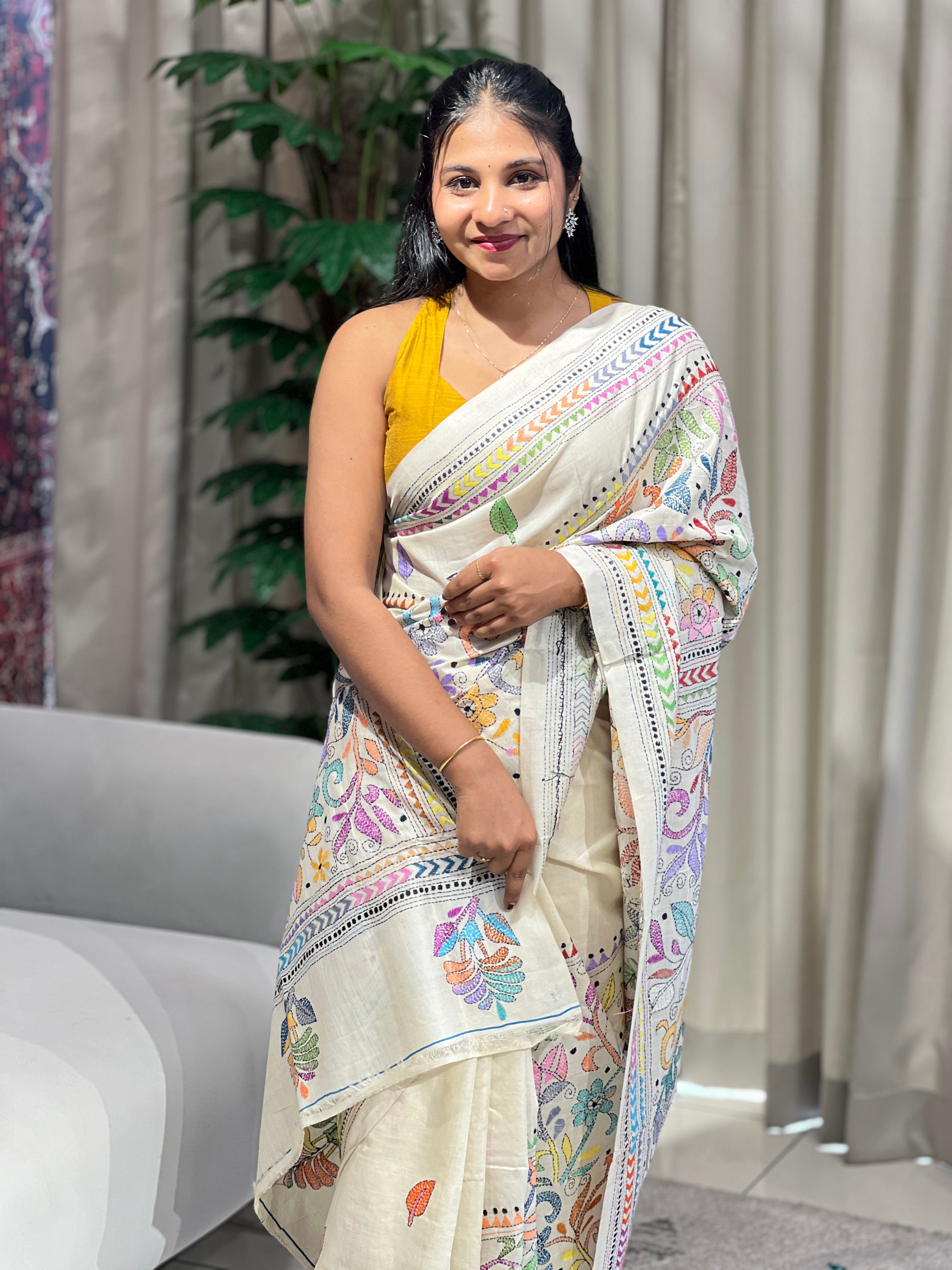 Hand Kantha Embroidered Tussar Saree | AYD140