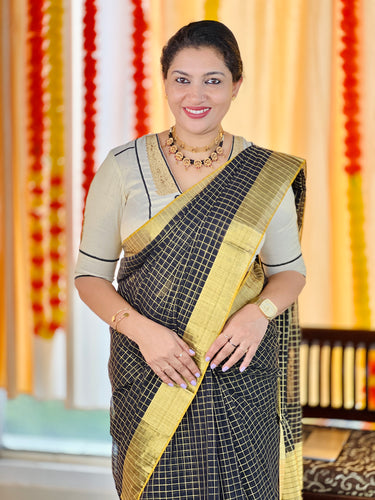 Zari Check Weaving Patterned Handloom Kerala Cotton Saree | KL406