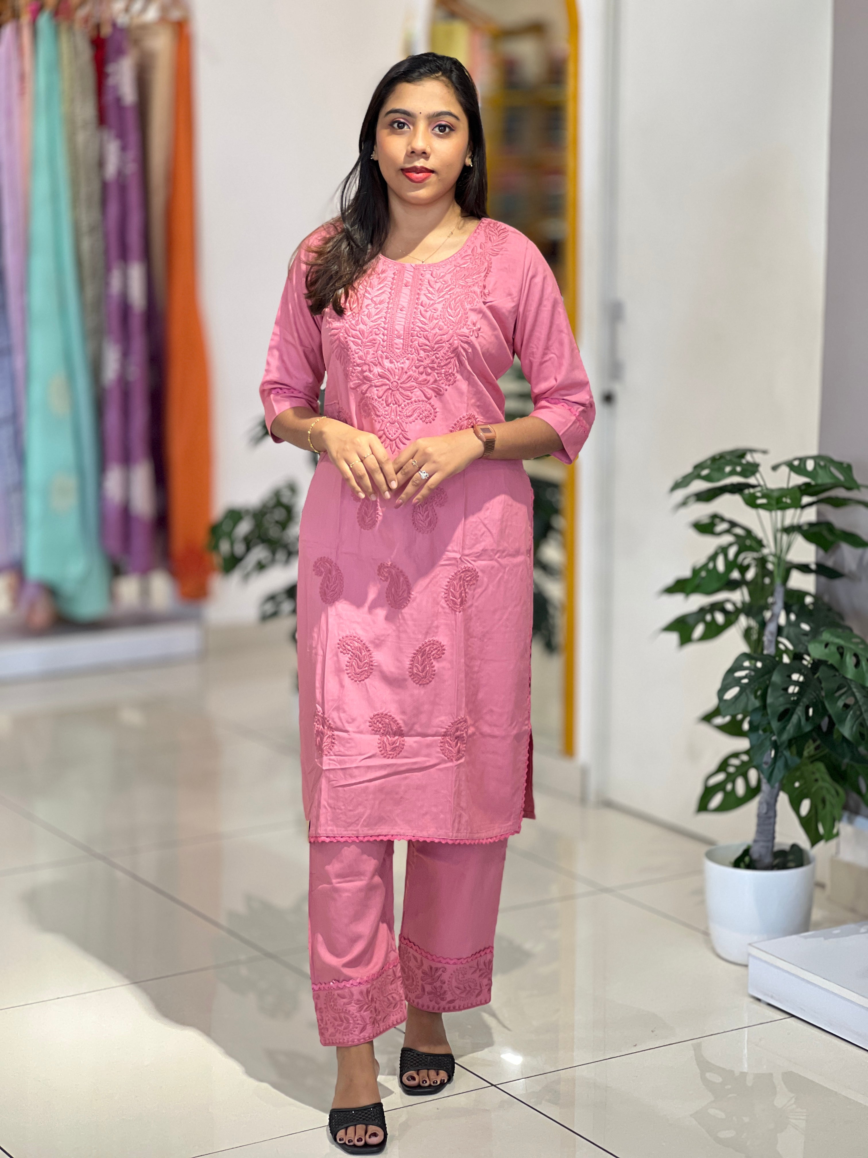 Computerized Lucknowi Embroidery Detailed Cotton Kurta Set | YV124