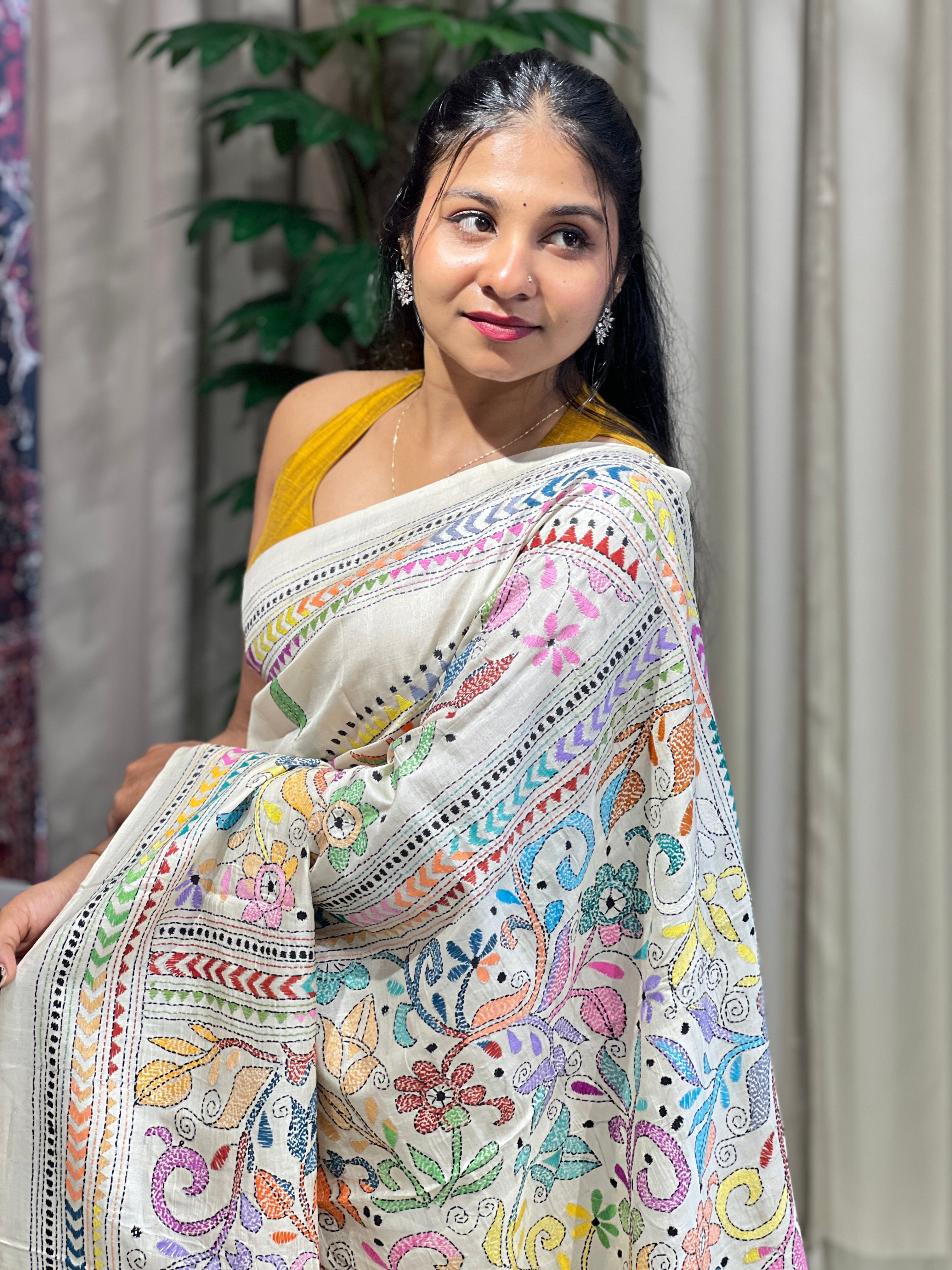 Hand Kantha Embroidered Tussar Saree | AYD140