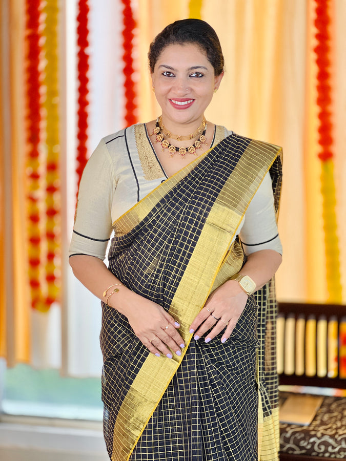 Zari Check Weaving Patterned Handloom Kerala Cotton Saree | KL406