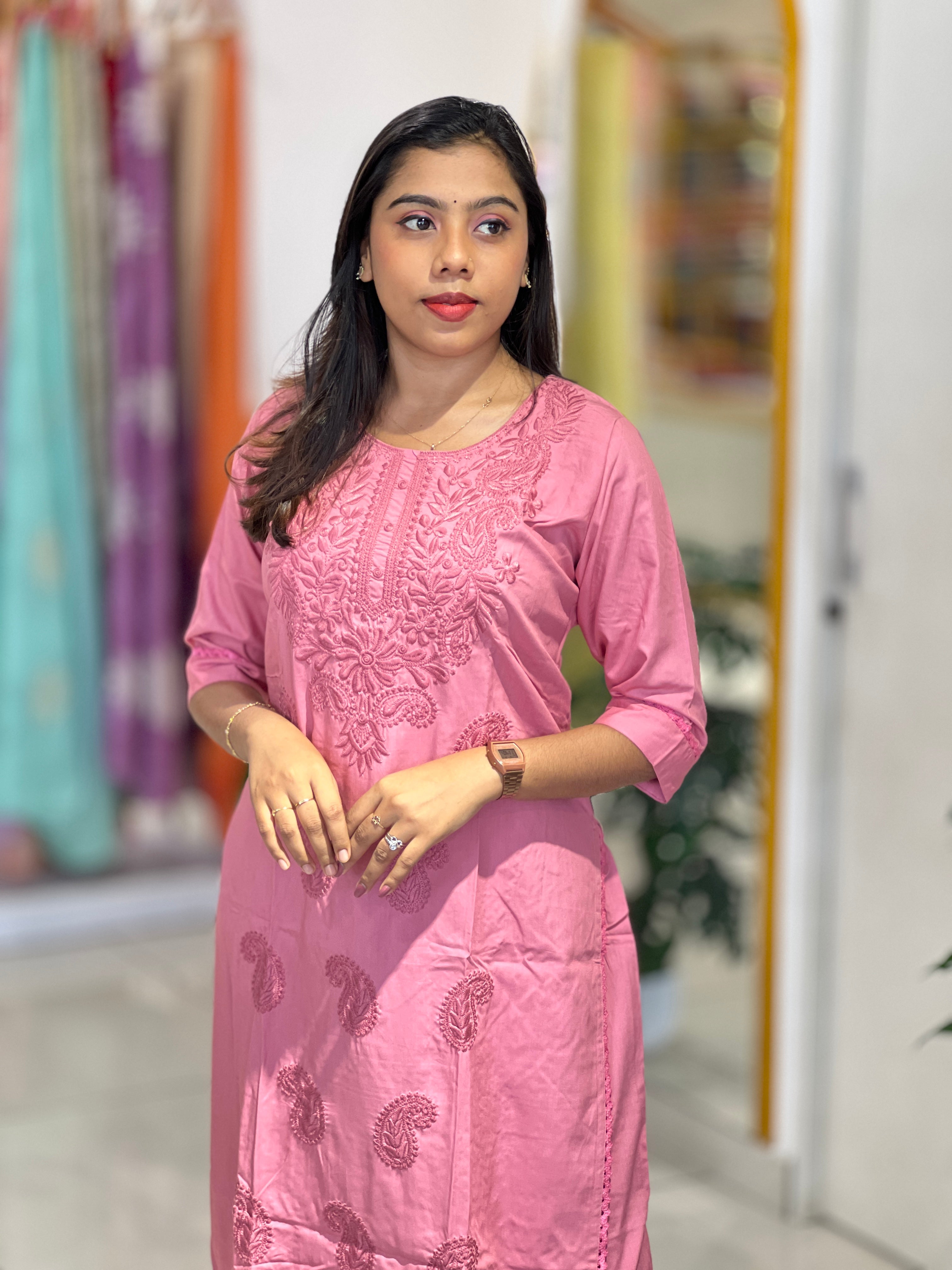 Computerized Lucknowi Embroidery Detailed Cotton Kurta Set | YV124