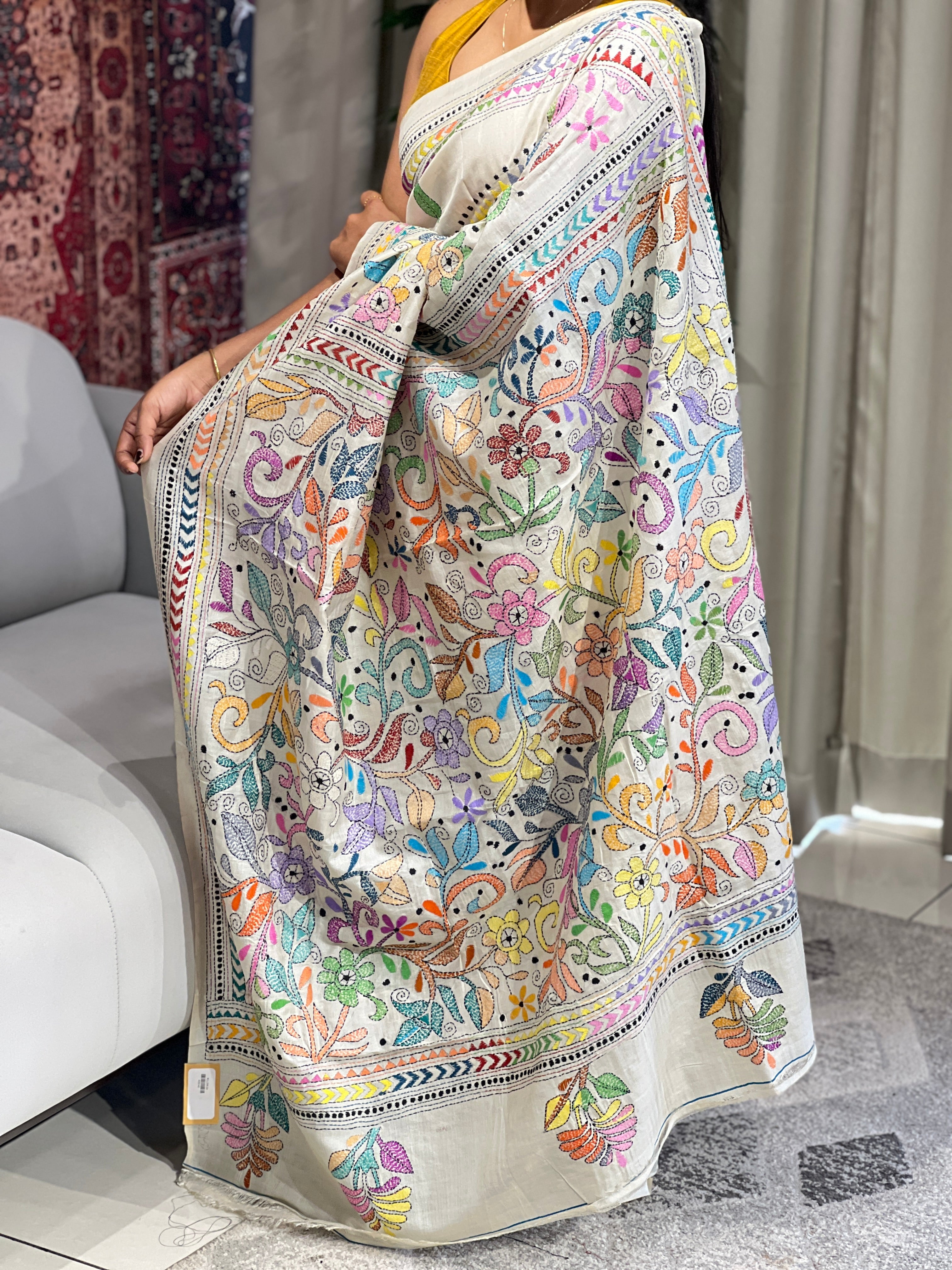 Hand Kantha Embroidered Tussar Saree | AYD140