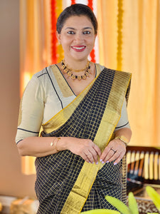 Zari Check Weaving Patterned Handloom Kerala Cotton Saree | KL406
