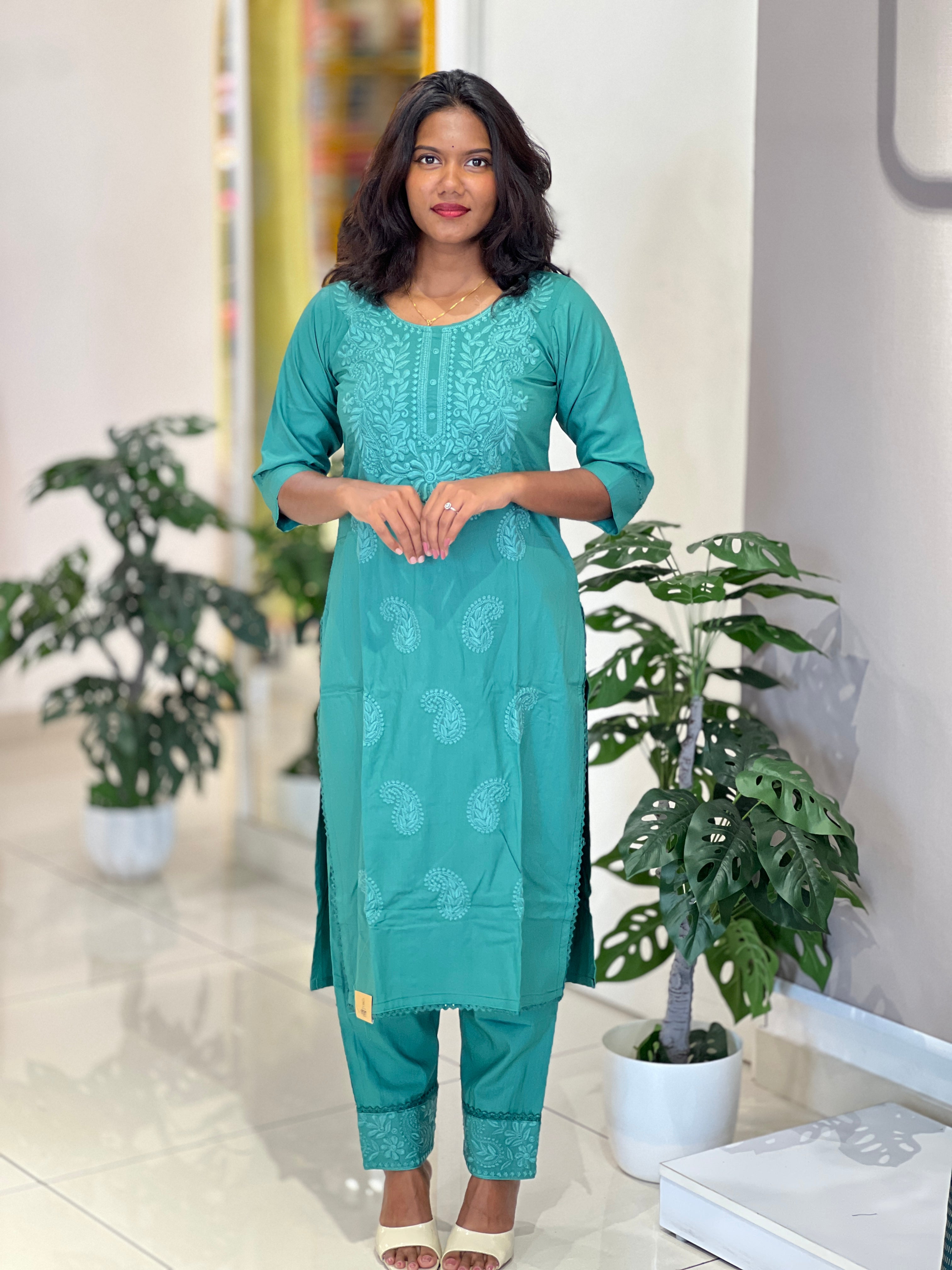Computerized Lucknowi Embroidery Detailed Cotton Kurta Set | YV121