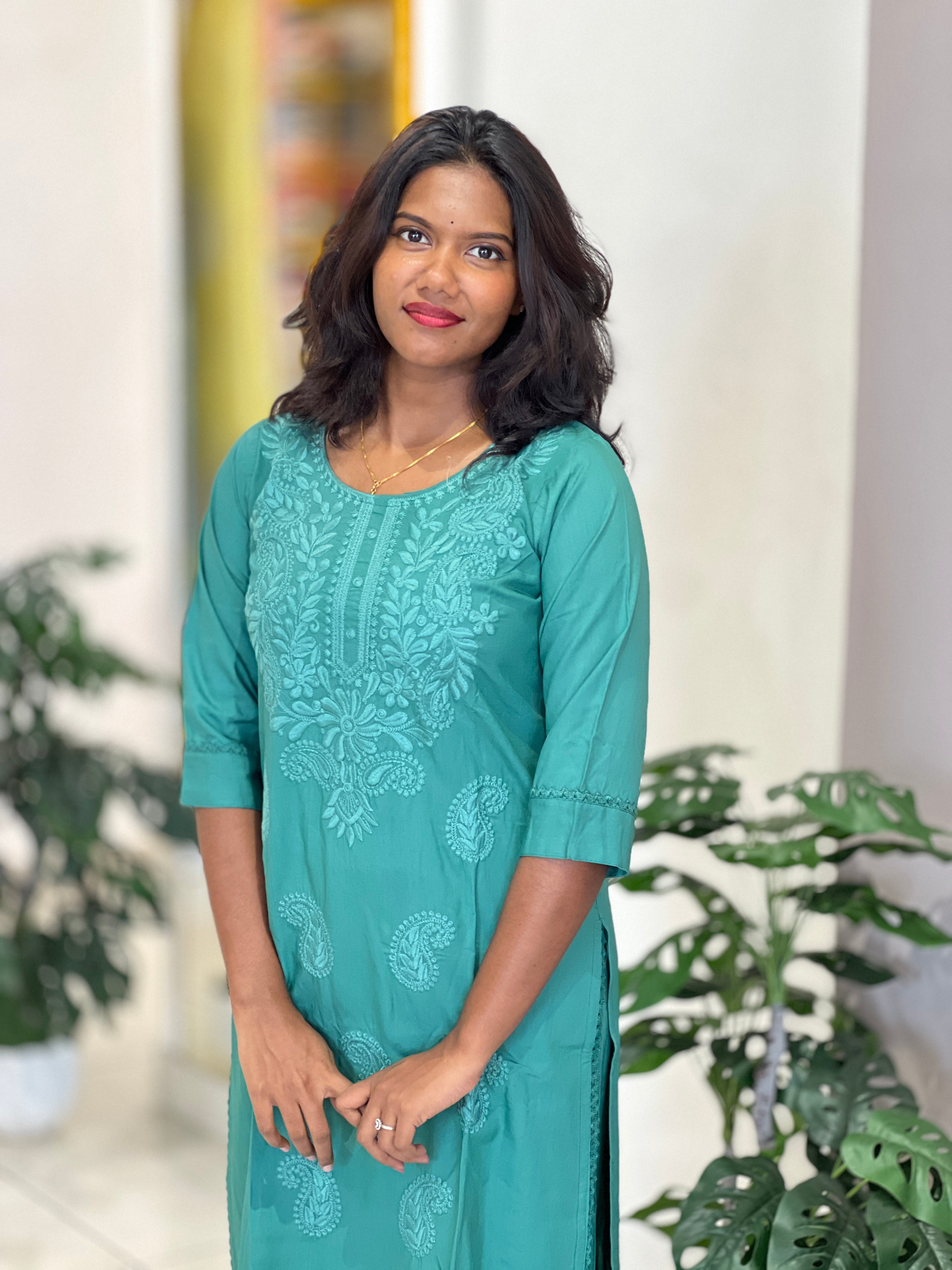 Computerized Lucknowi Embroidery Detailed Cotton Kurta Set | YV121