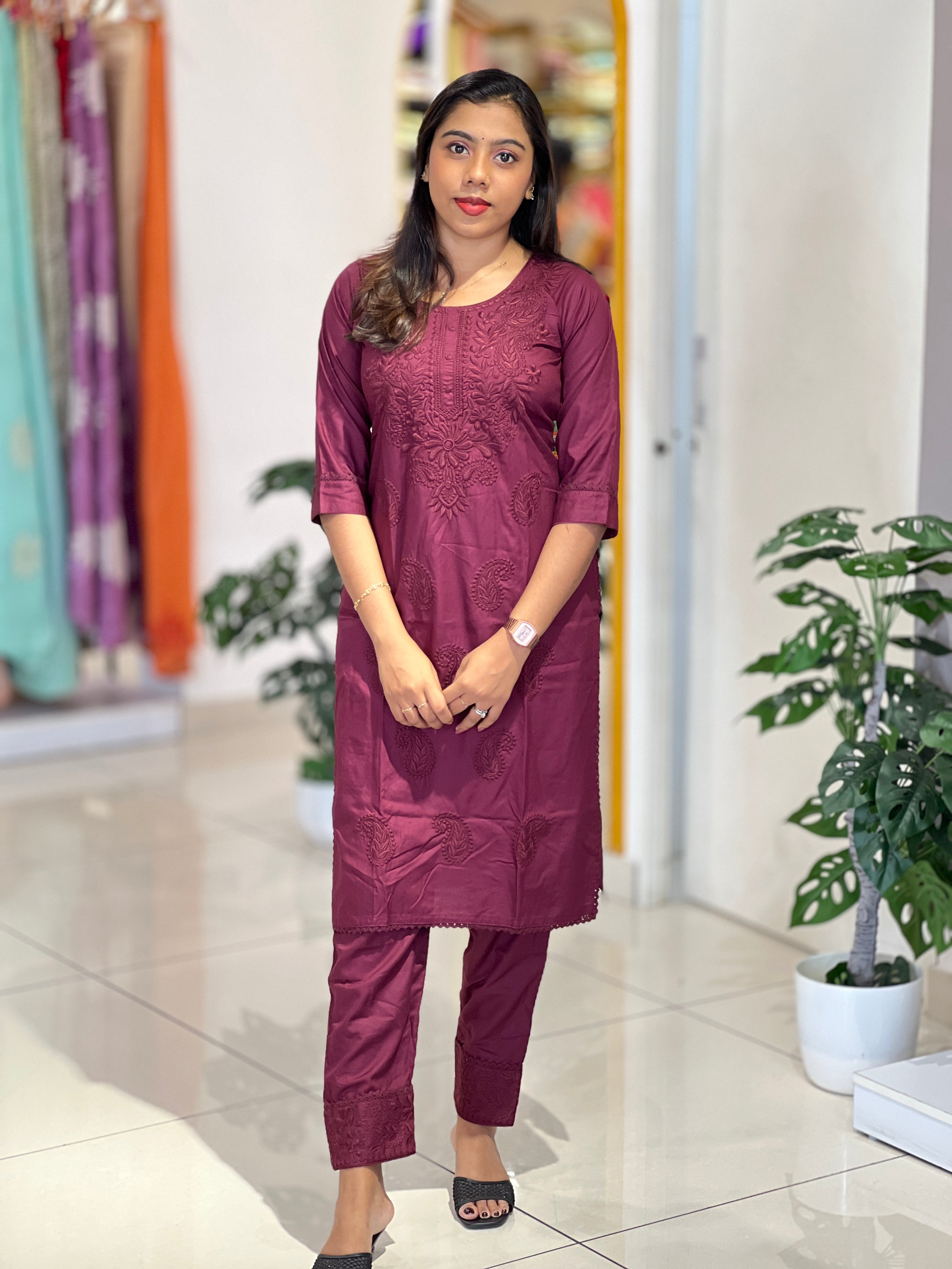 Computerized Lucknowi Embroidery Detailed Cotton Kurta Set | YV120