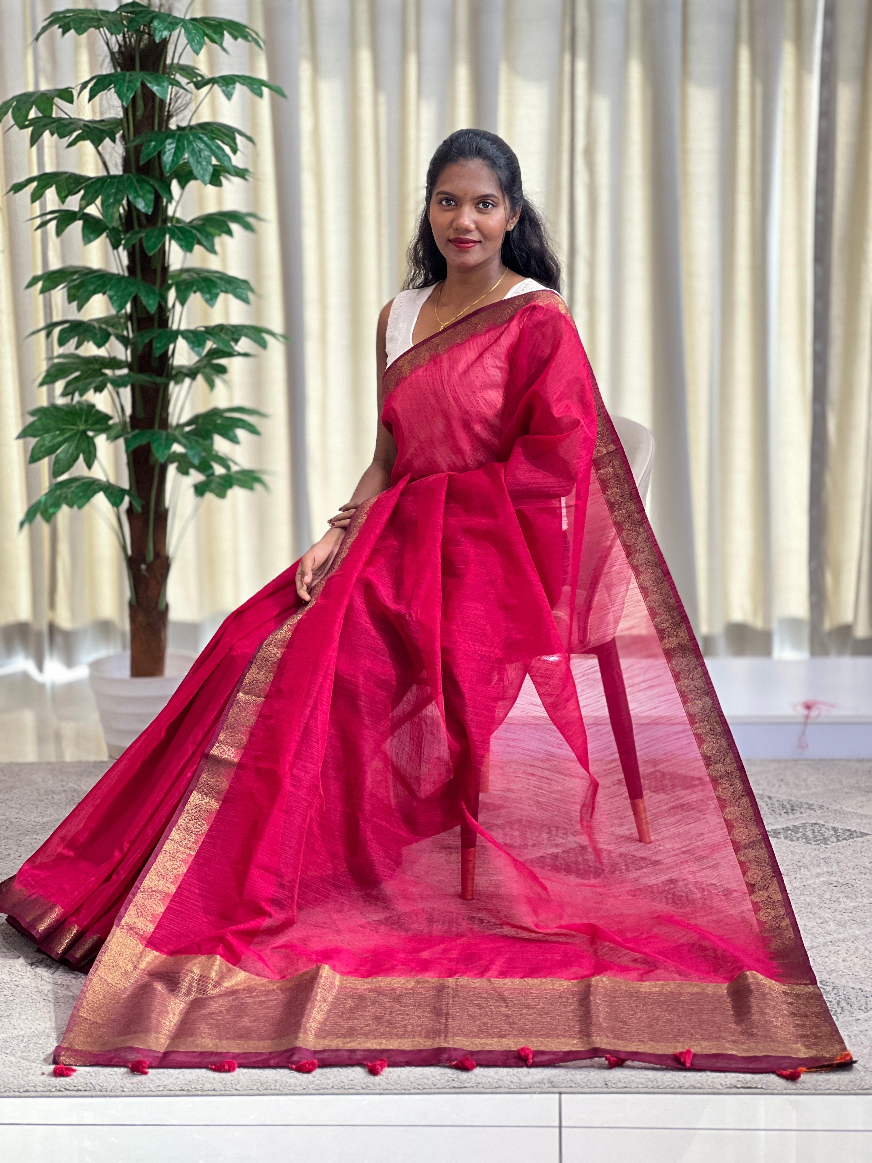 Golden Zari Weaved Border Pattern Linen Finish Saree | YNG1304