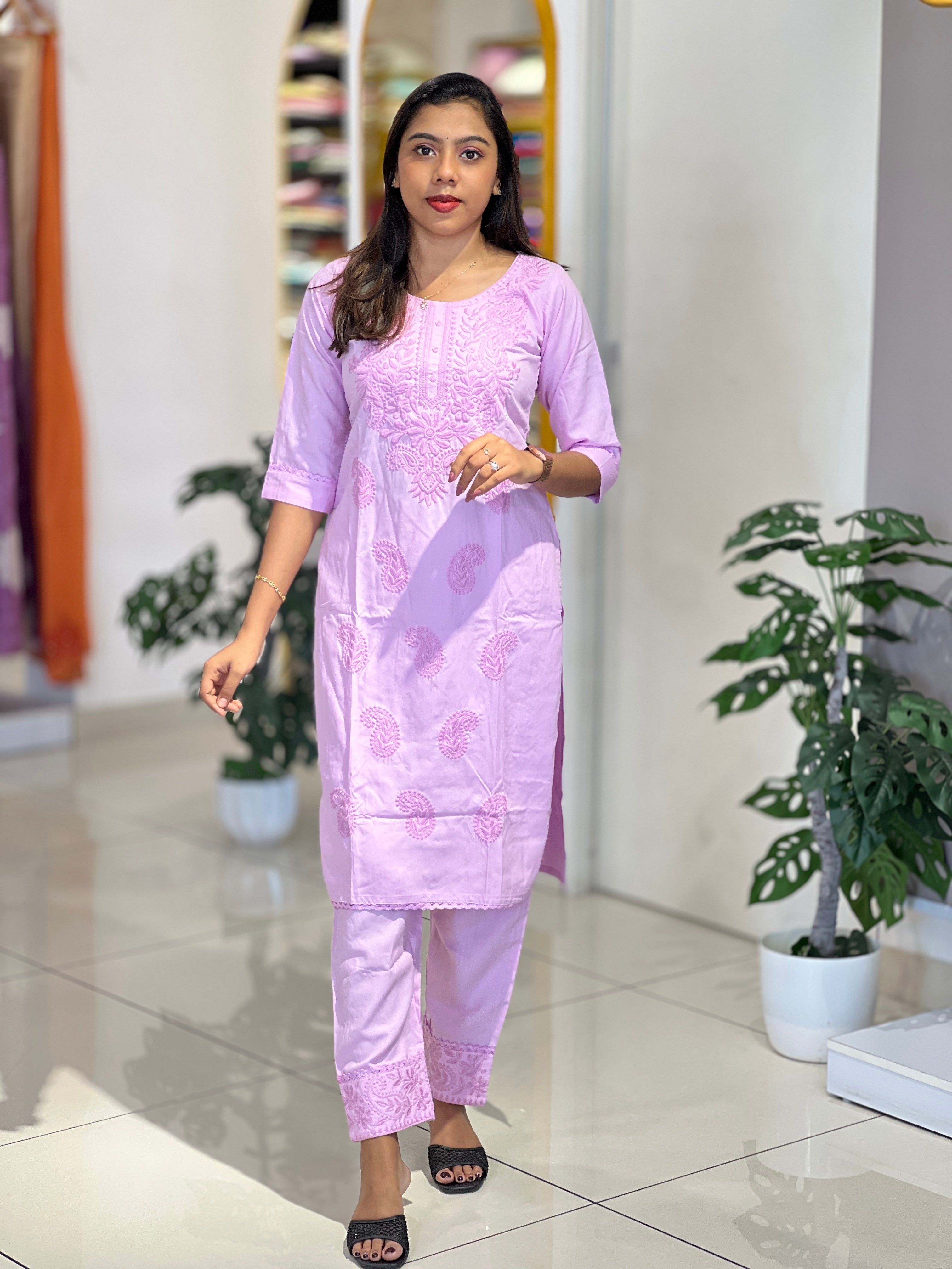 Computerized Lucknowi Embroidery Detailed Cotton Kurta Set | YV122