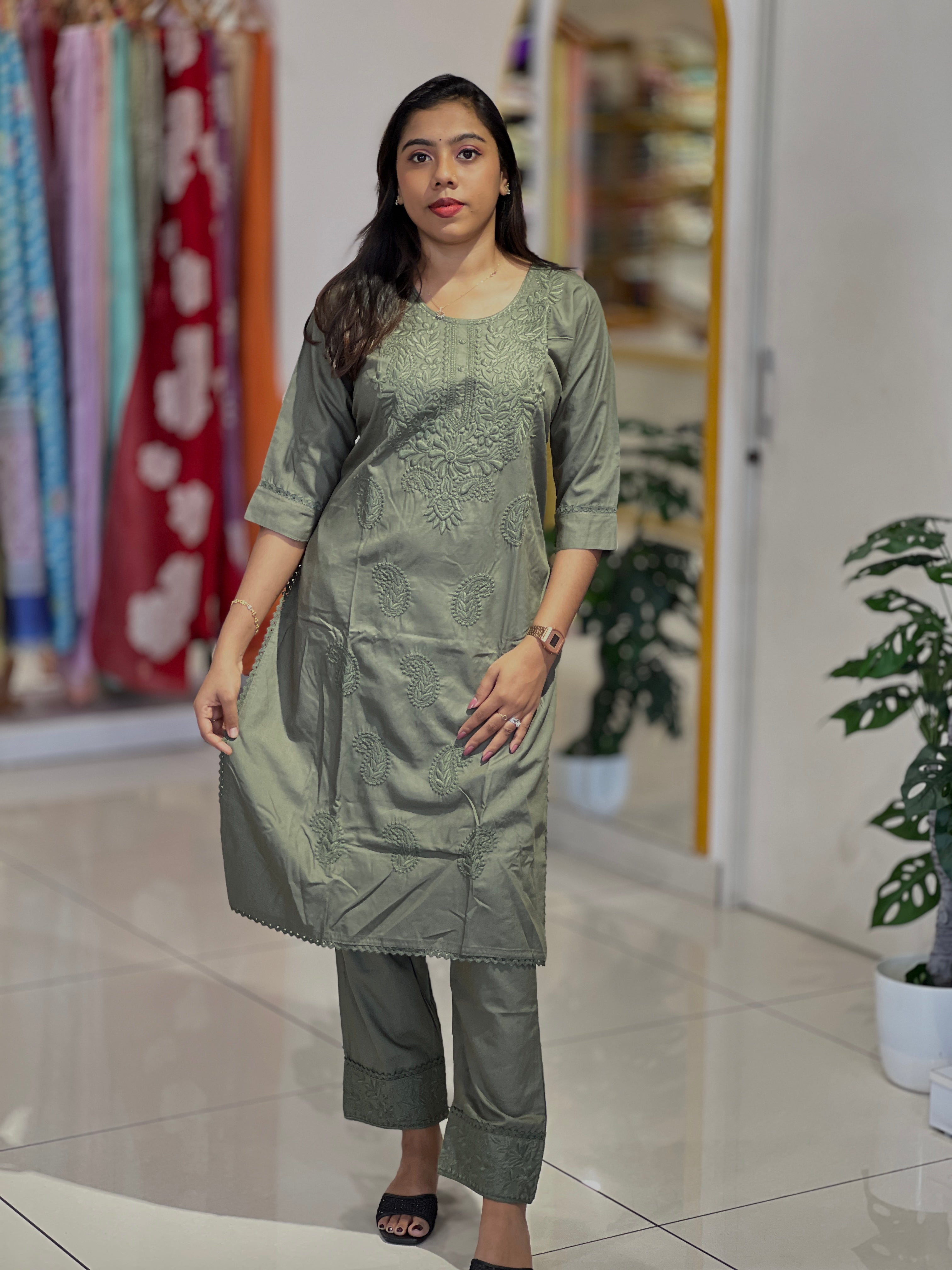 Computerized Lucknowi Embroidery Detailed Cotton Kurta Set | YV119
