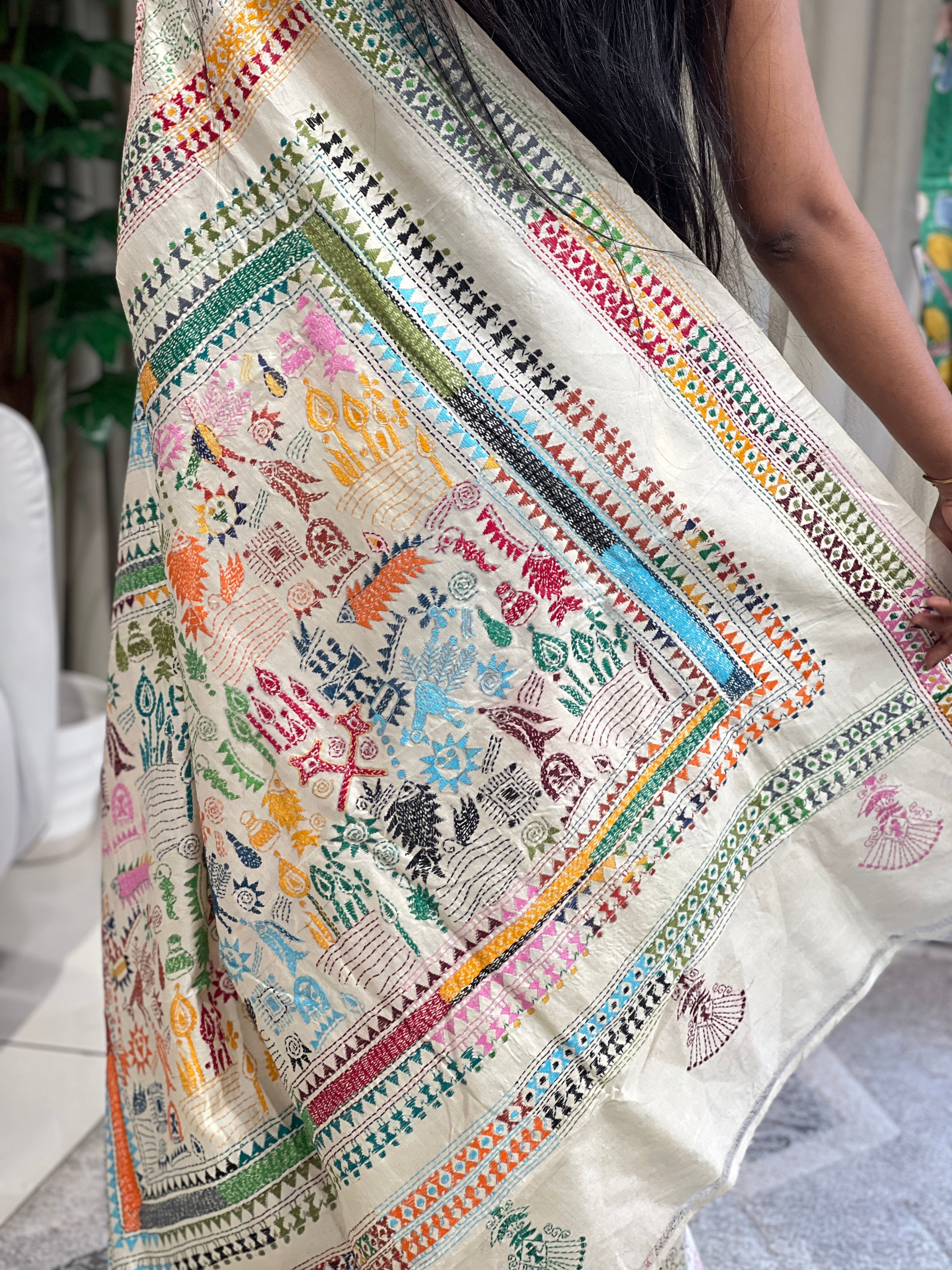 Nakshi Kantha Embroidered Pure Tussar Saree | AYD150