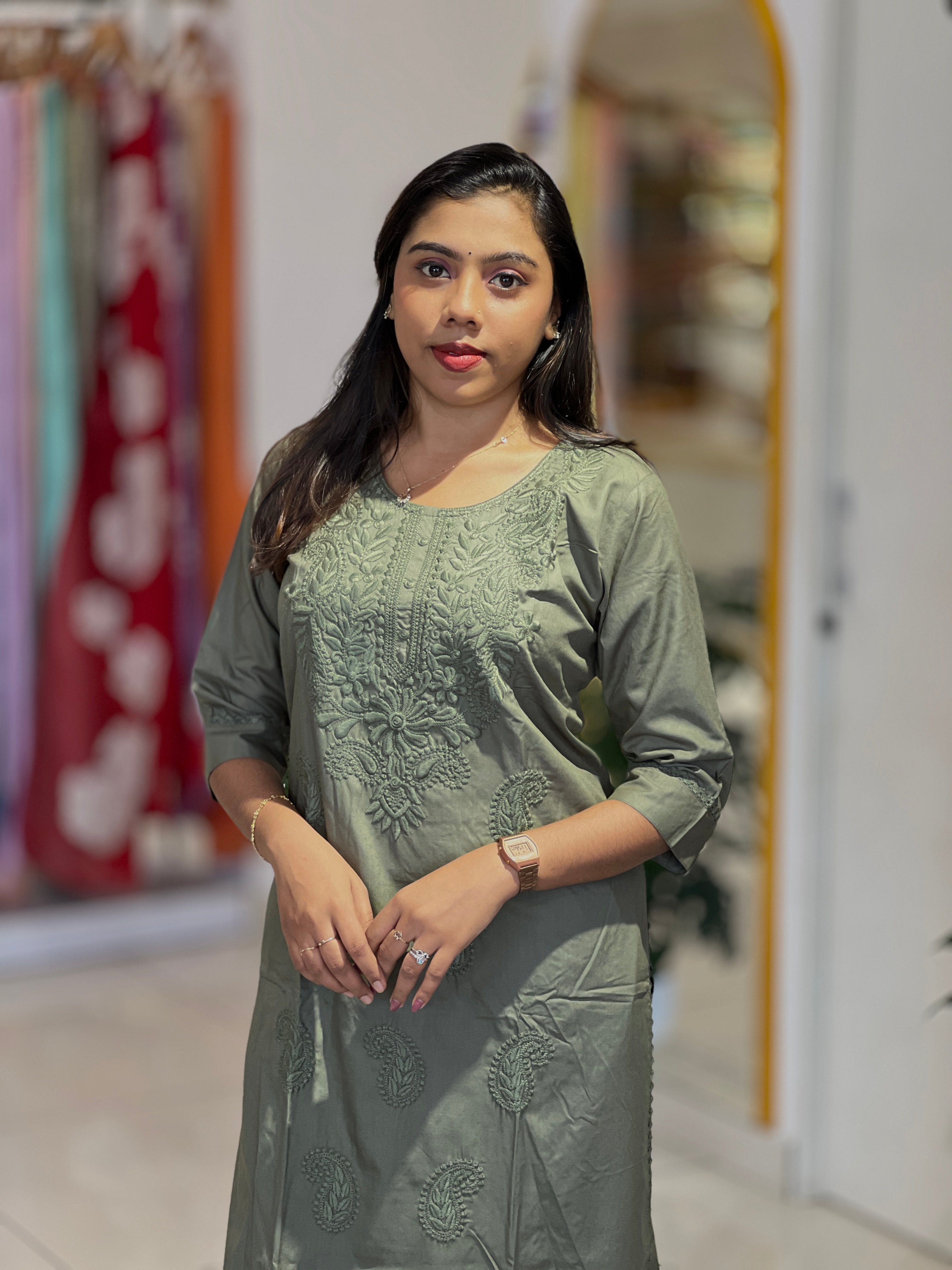 Computerized Lucknowi Embroidery Detailed Cotton Kurta Set | YV119