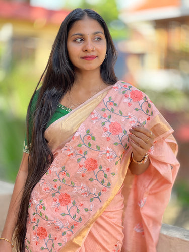 Floral Embroidery Bhagalpuri Linen Saree | NHH316