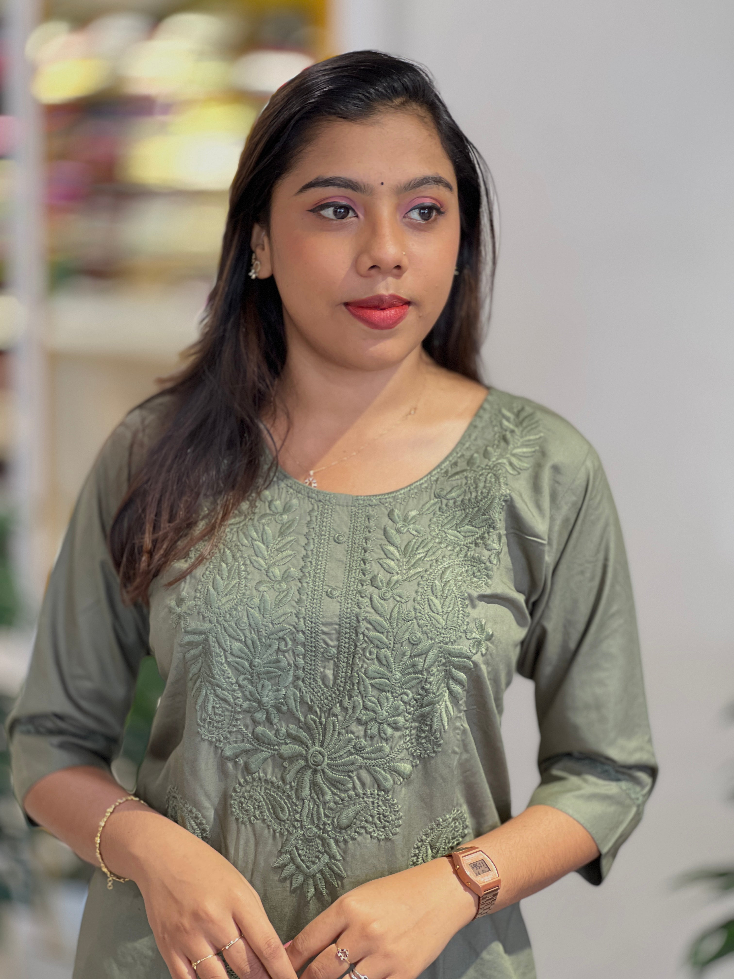 Computerized Lucknowi Embroidery Detailed Cotton Kurta Set | YV119
