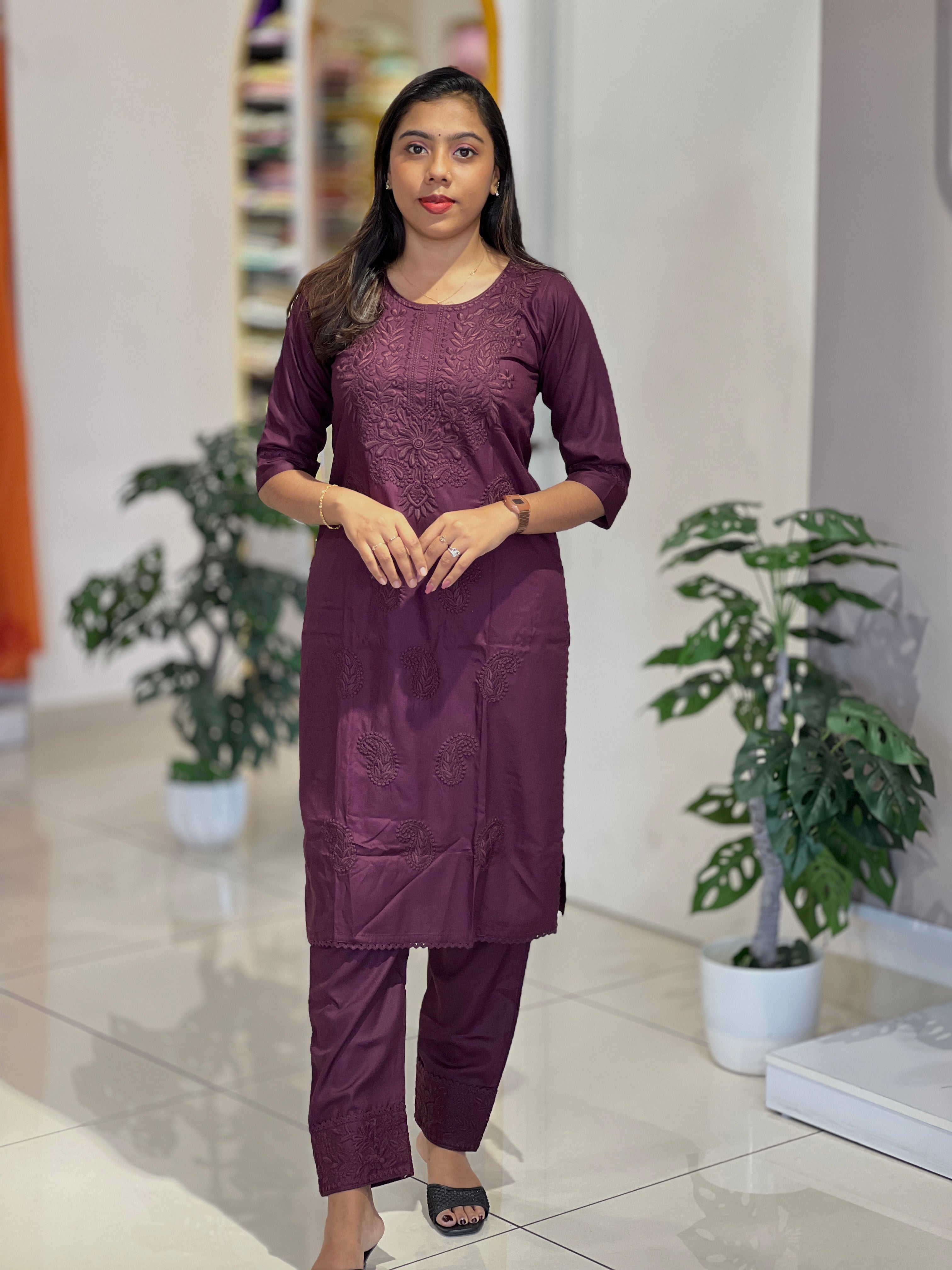 Computerized Lucknowi Embroidery Detailed Cotton Kurta Set | YV126