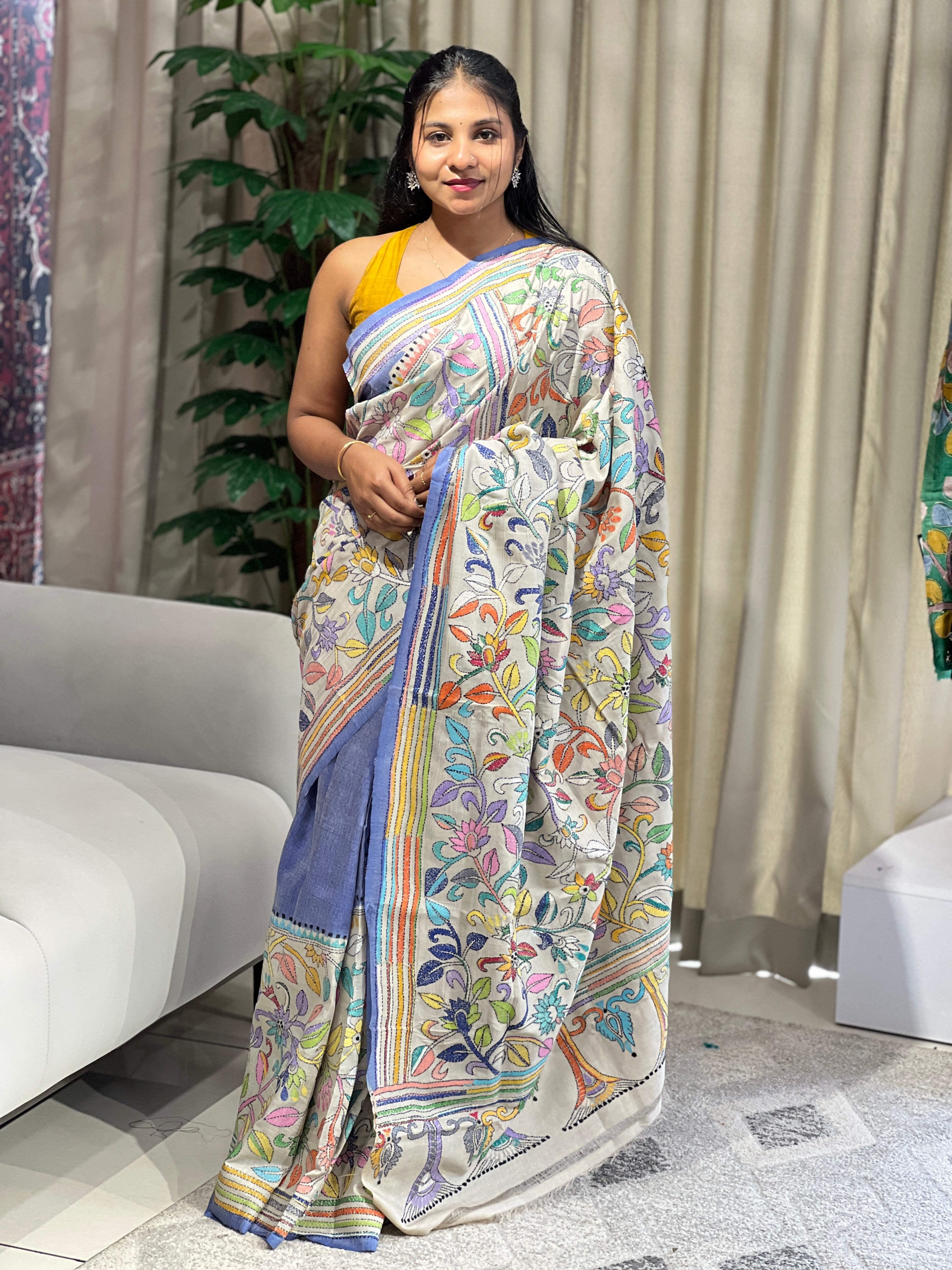 Nakshi Kantha Embroidered Tussar Saree | AYD152