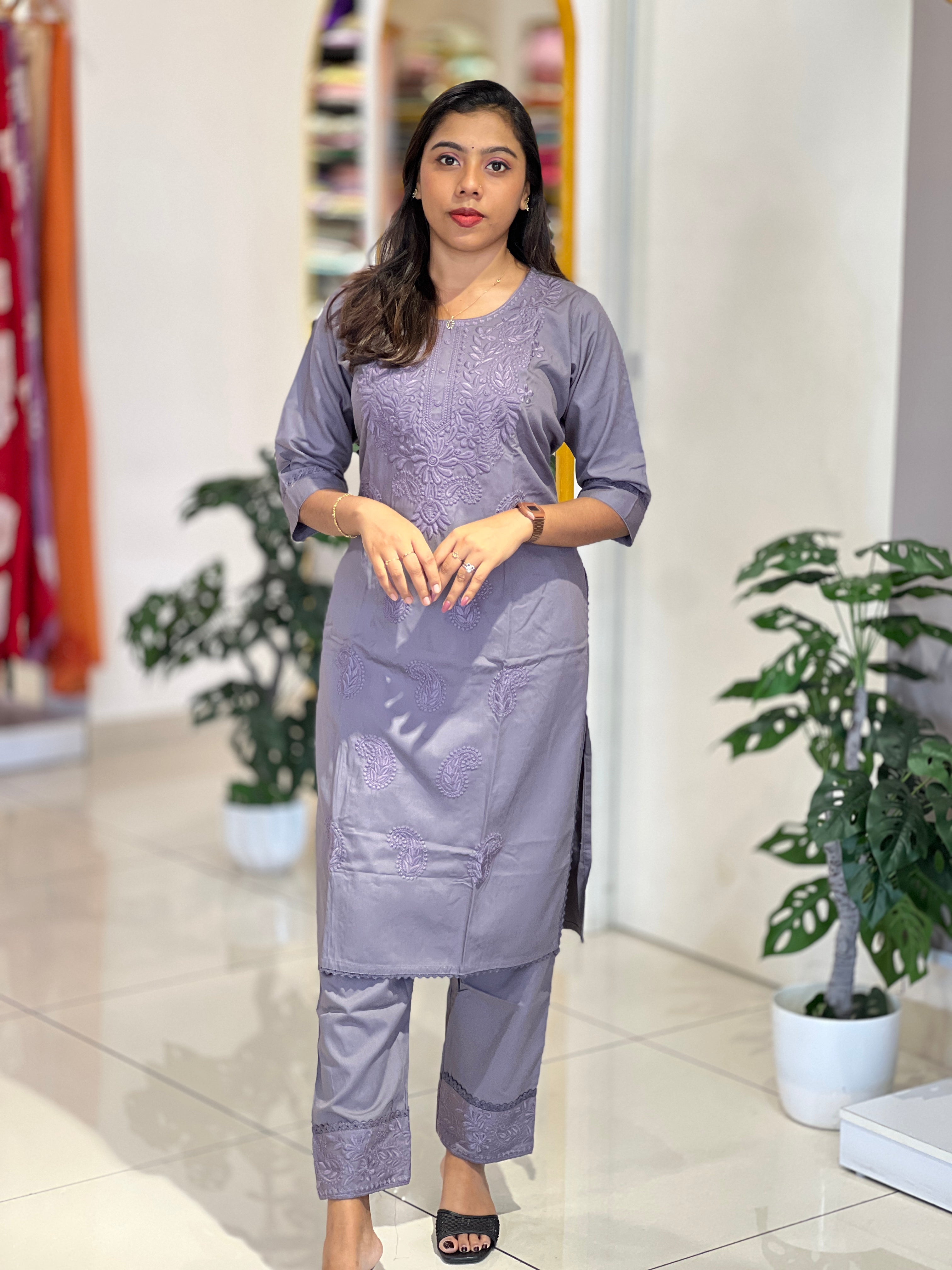 Computerized Lucknowi Embroidery Detailed Cotton Kurta Set | YV132